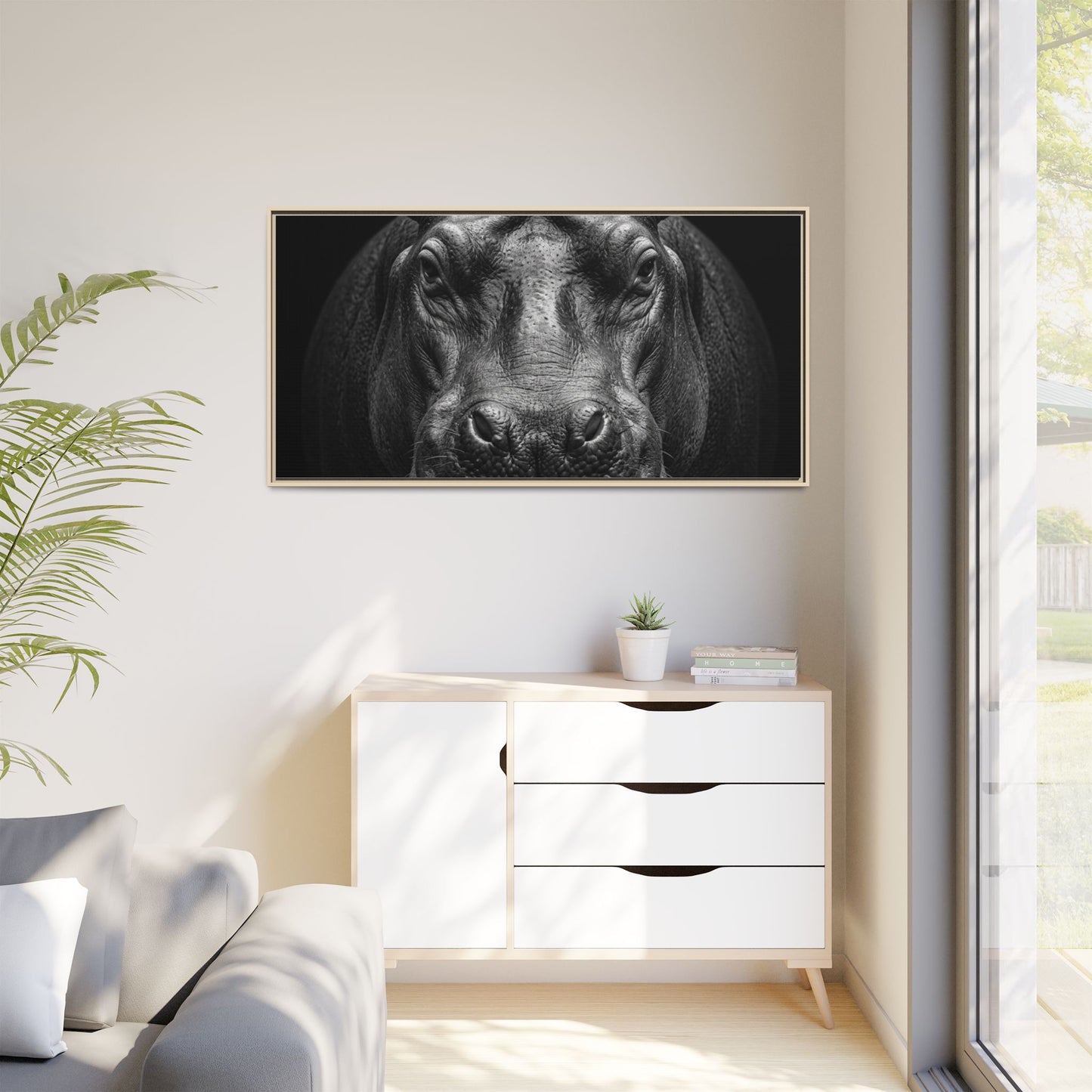 Framed Canvas Print — Hippopotamus In Black