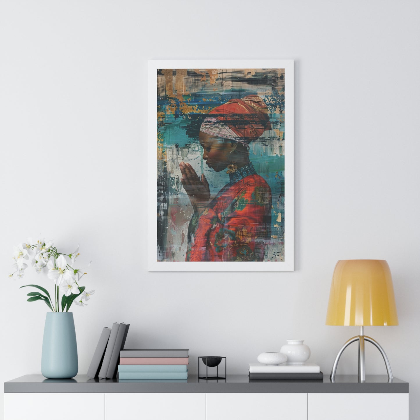 Framed Print — Woman in Red Dress Praying No. 1