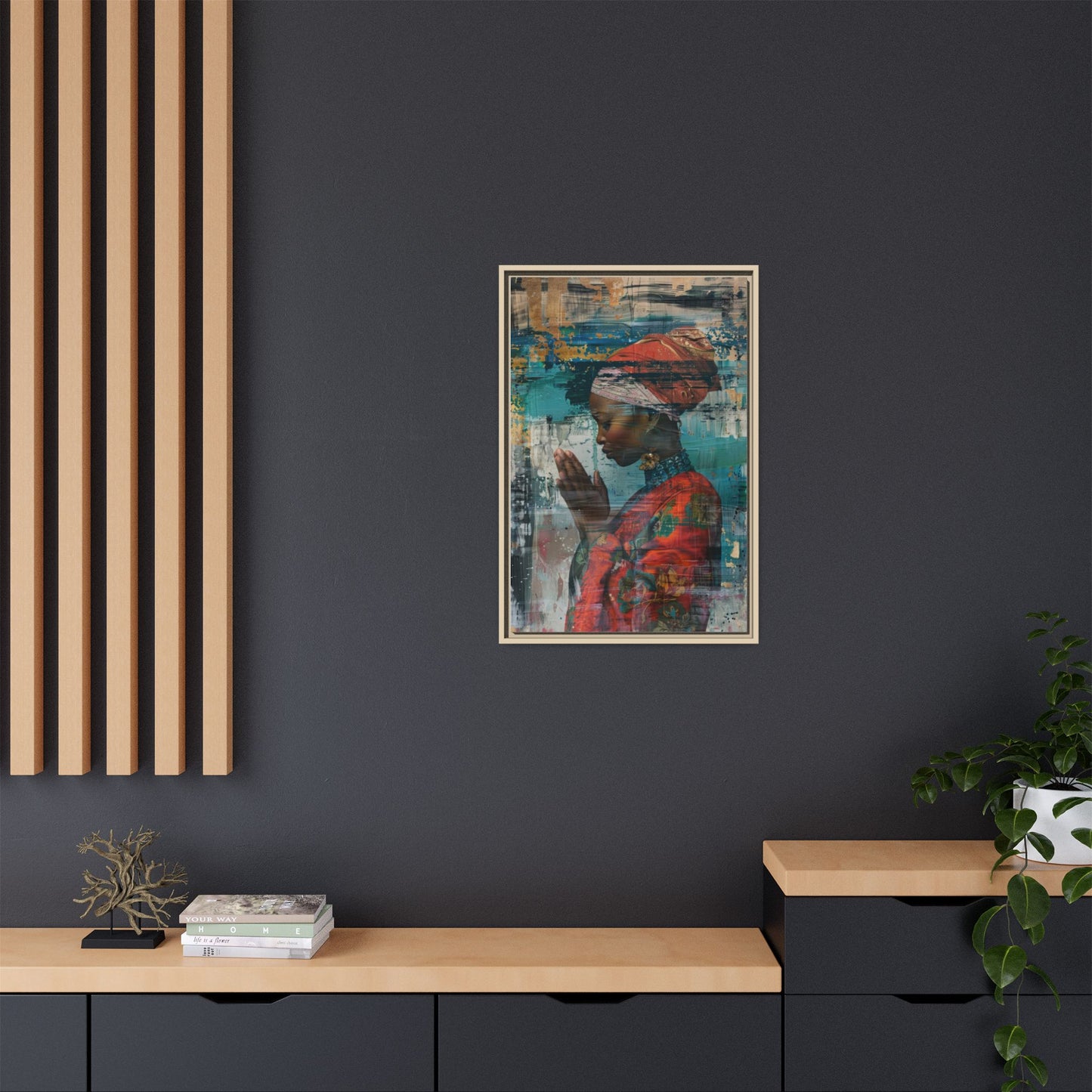 Framed Canvas Print — Woman In Red Dress Praying