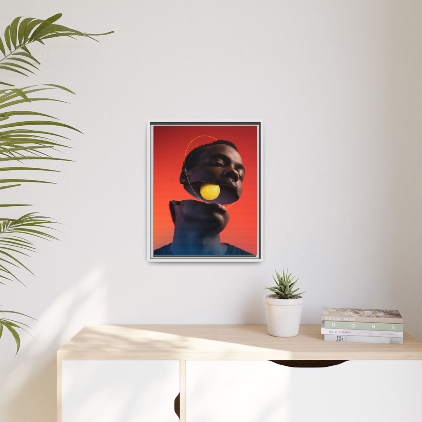 Framed Canvas Print — Floating Face With Yellow Orb