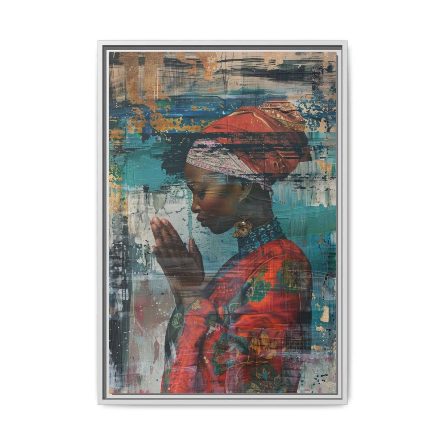 Framed Canvas Print — Woman In Red Dress Praying