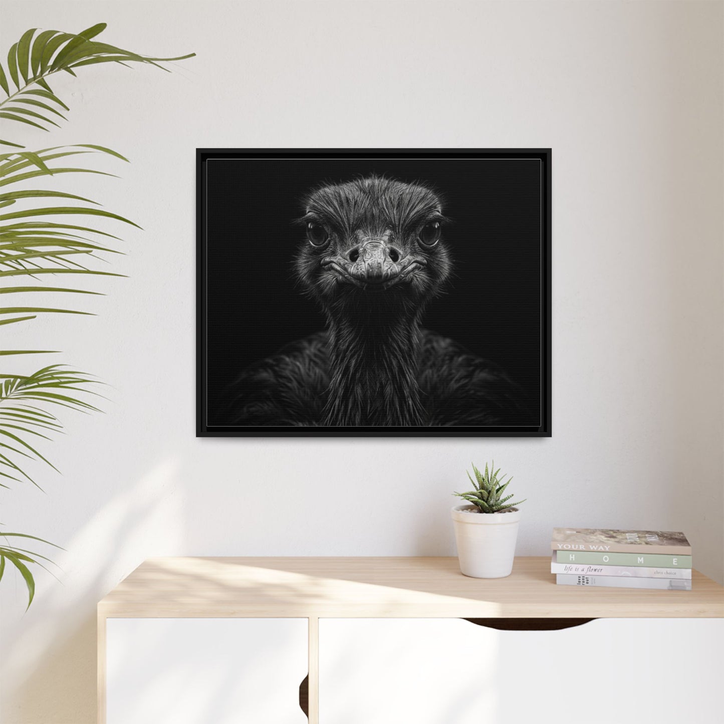 Framed Canvas Print — Ostrich In Black