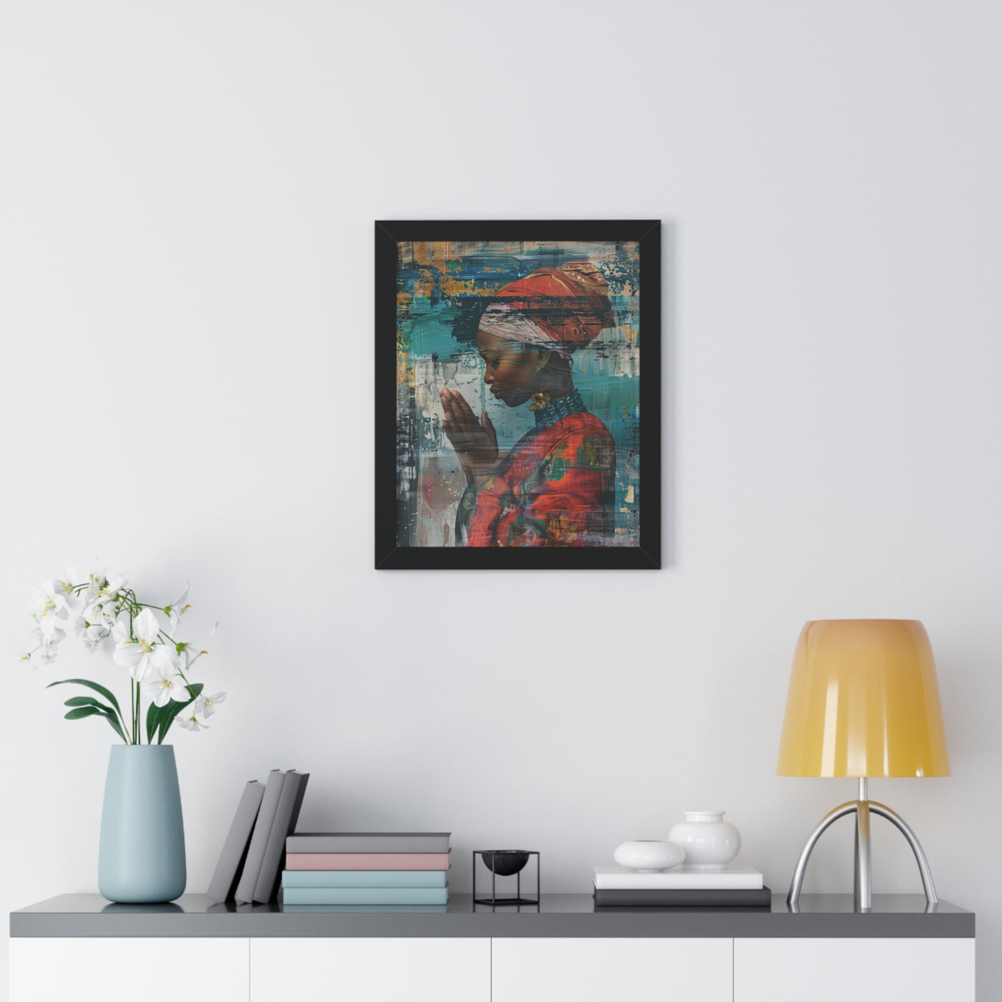 Framed Print — Woman in Red Dress Praying No. 1