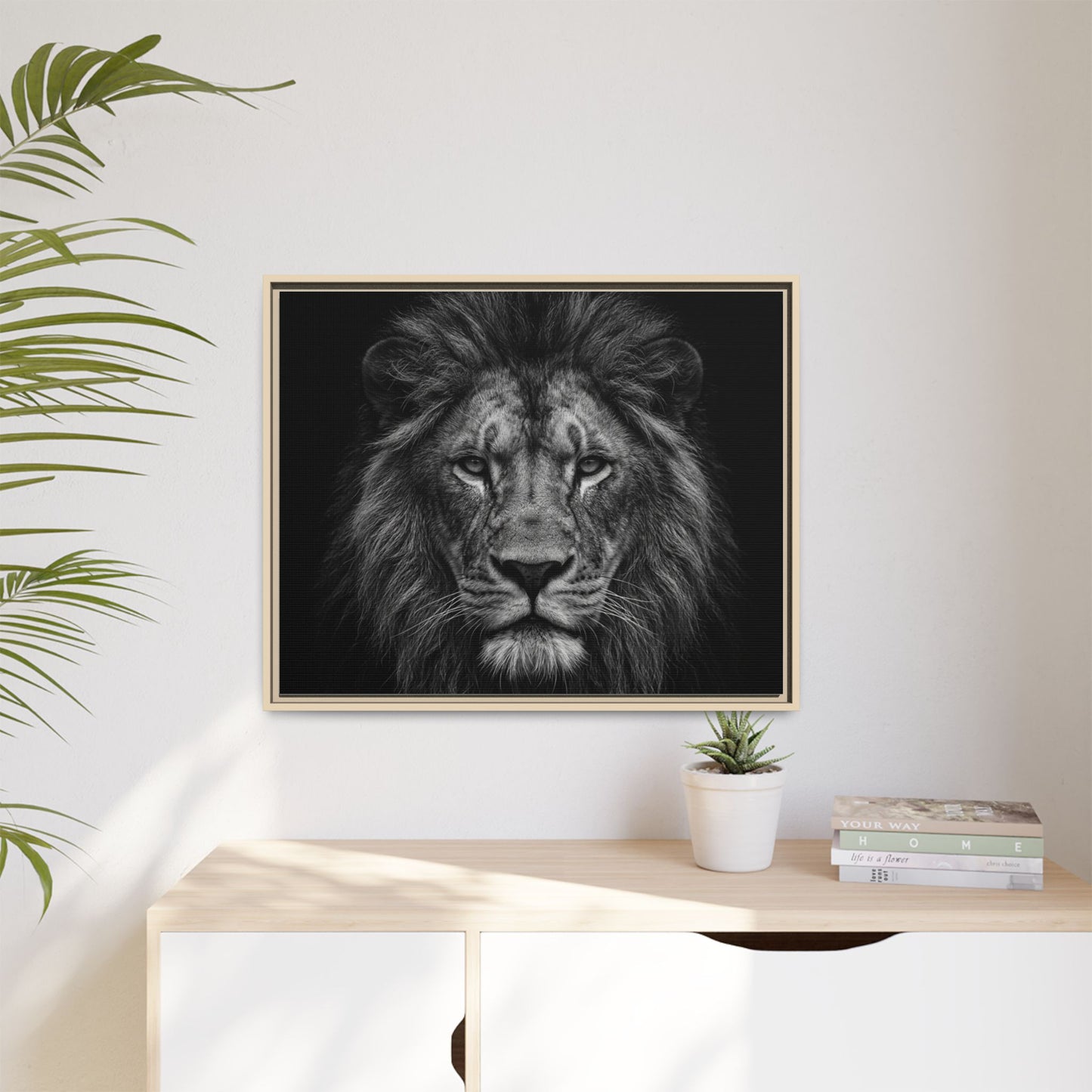 Framed Canvas Print — Lion In Black
