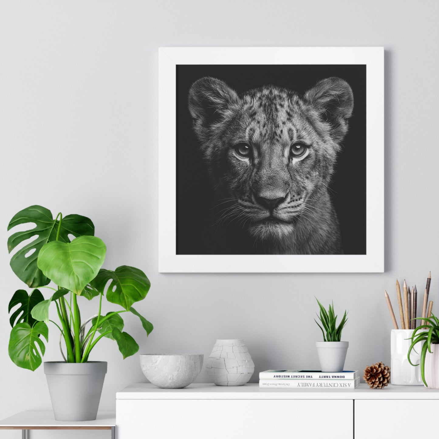 Framed Art Print – Lion Cub In Black