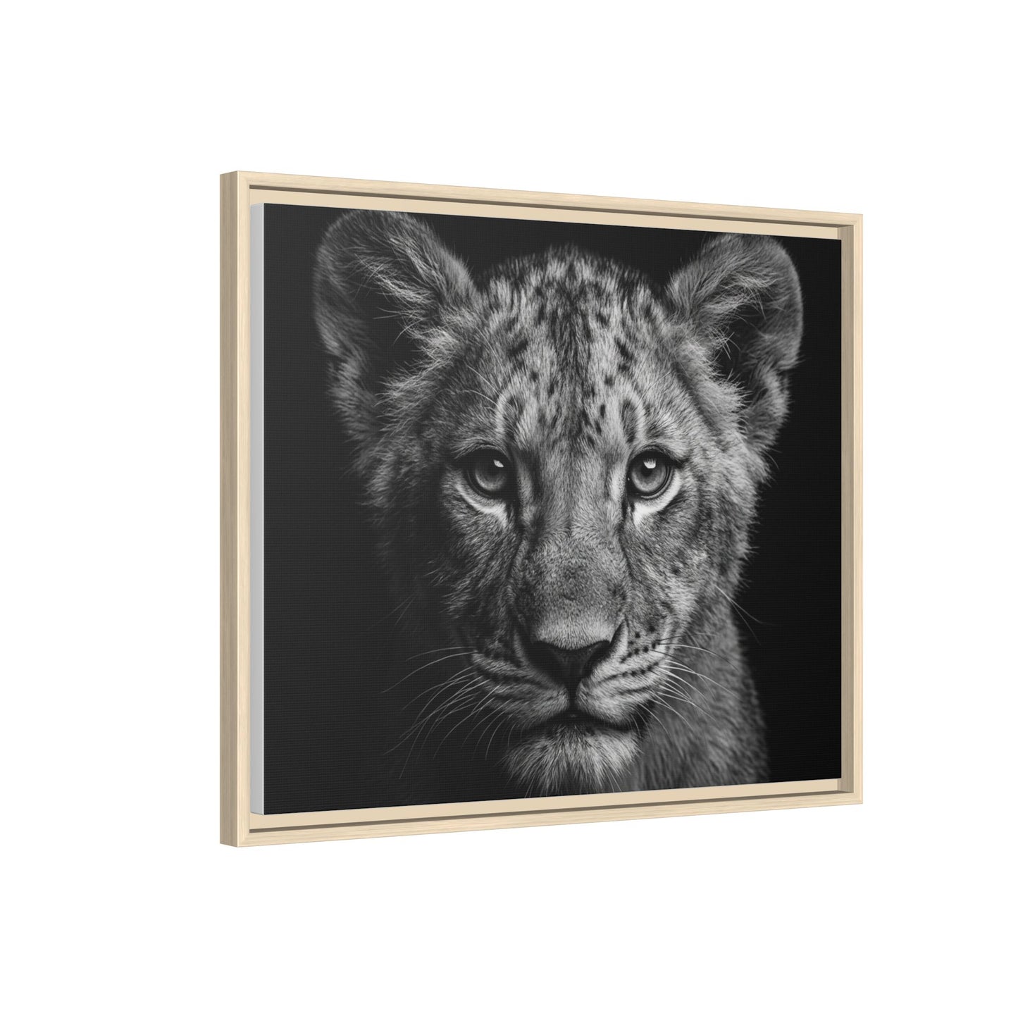 Framed Canvas Print — Lion Cub In Black