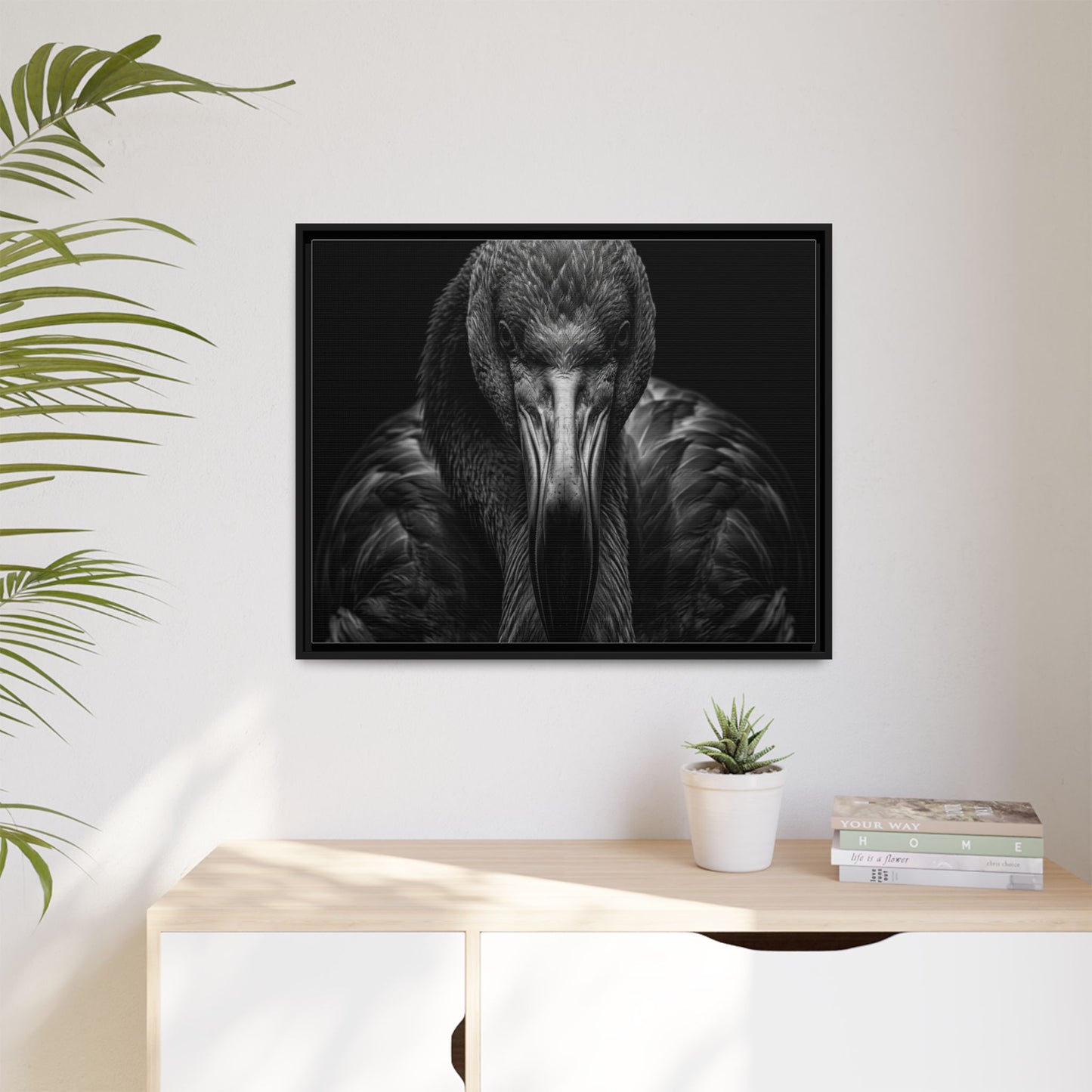 Framed Canvas Print — Flamingo In Black