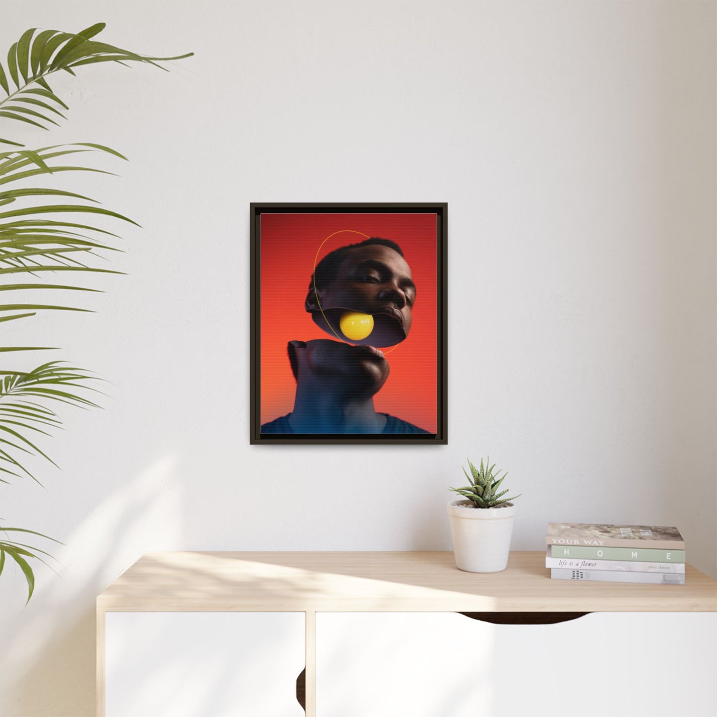 Framed Canvas Print — Floating Face With Yellow Orb