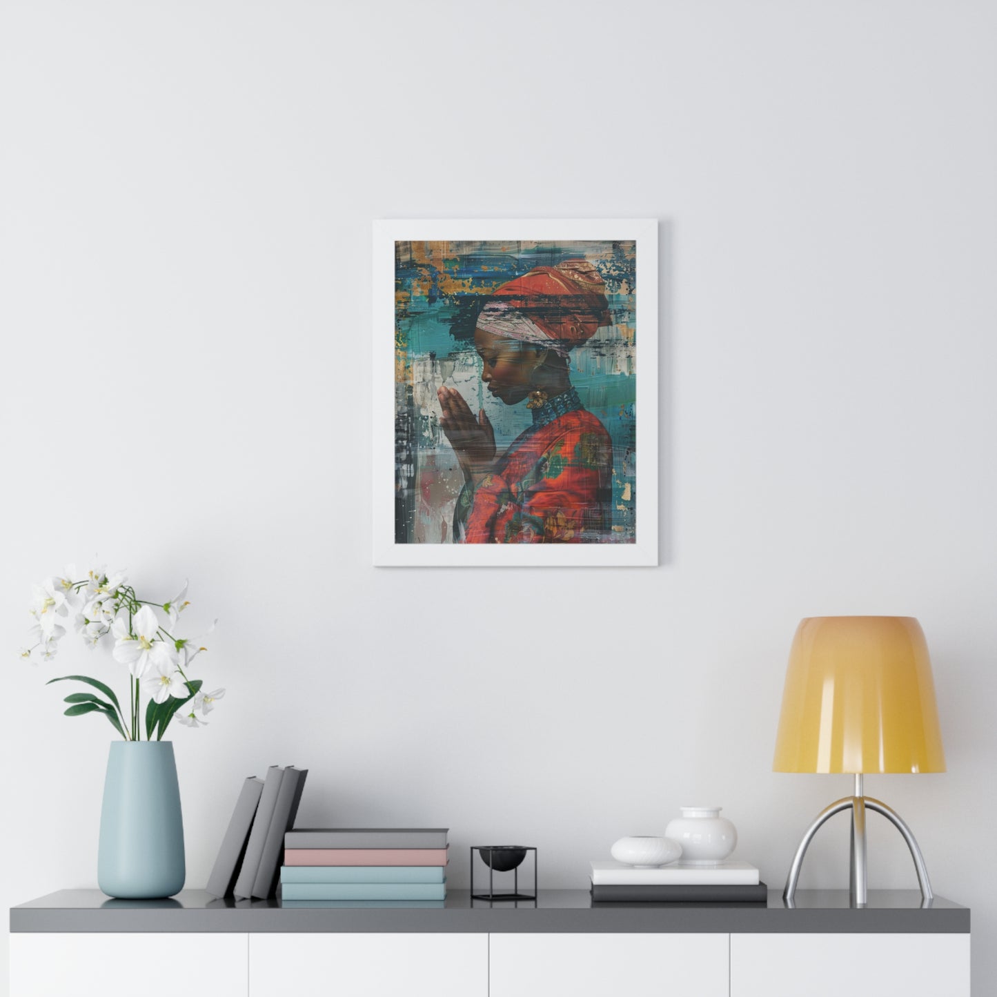 Framed Print — Woman in Red Dress Praying No. 1