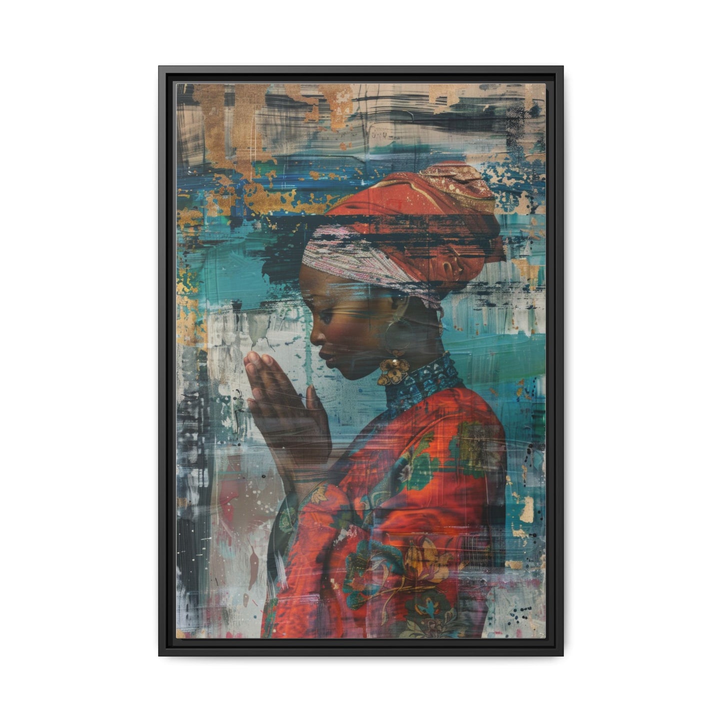Framed Canvas Print — Woman In Red Dress Praying