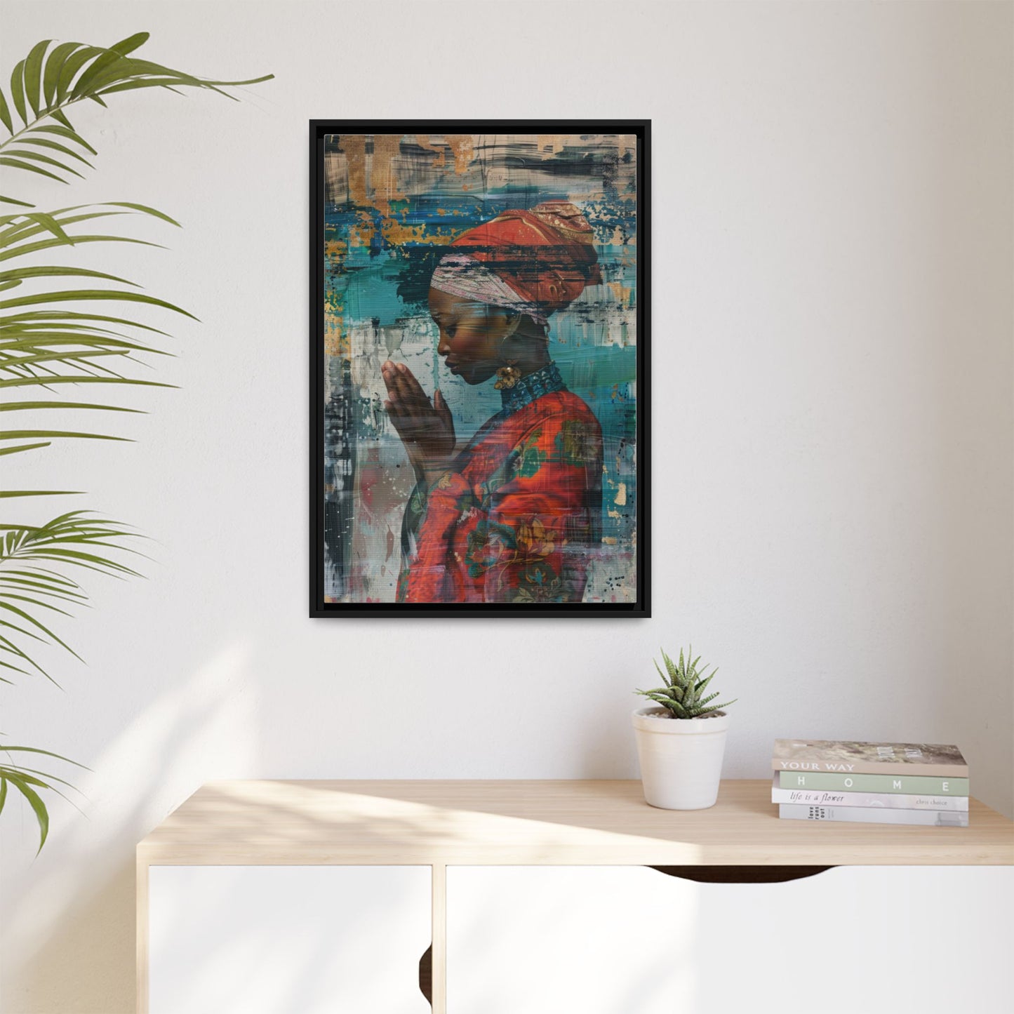 Framed Canvas Print — Woman In Red Dress Praying