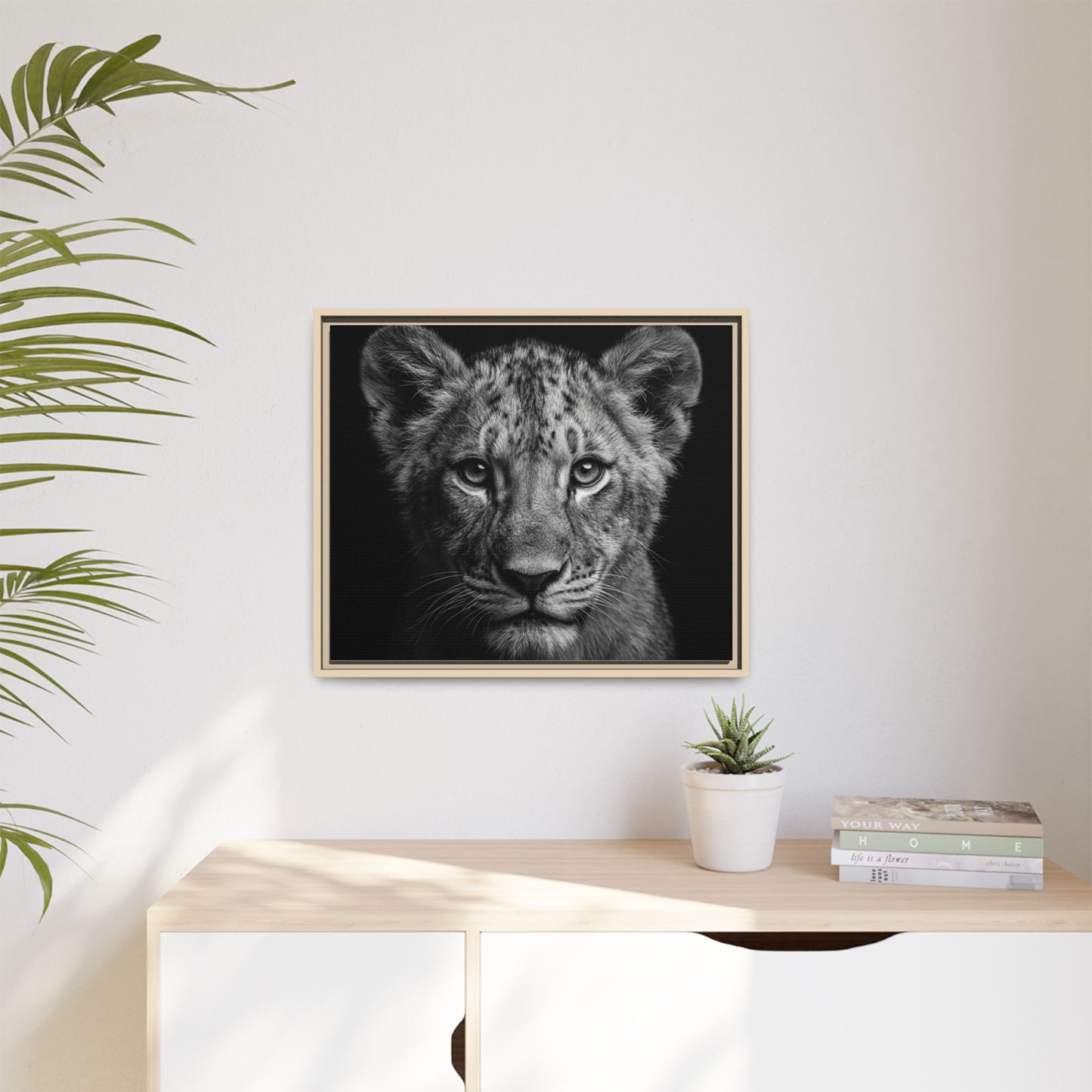 Framed Canvas Print — Lion Cub In Black