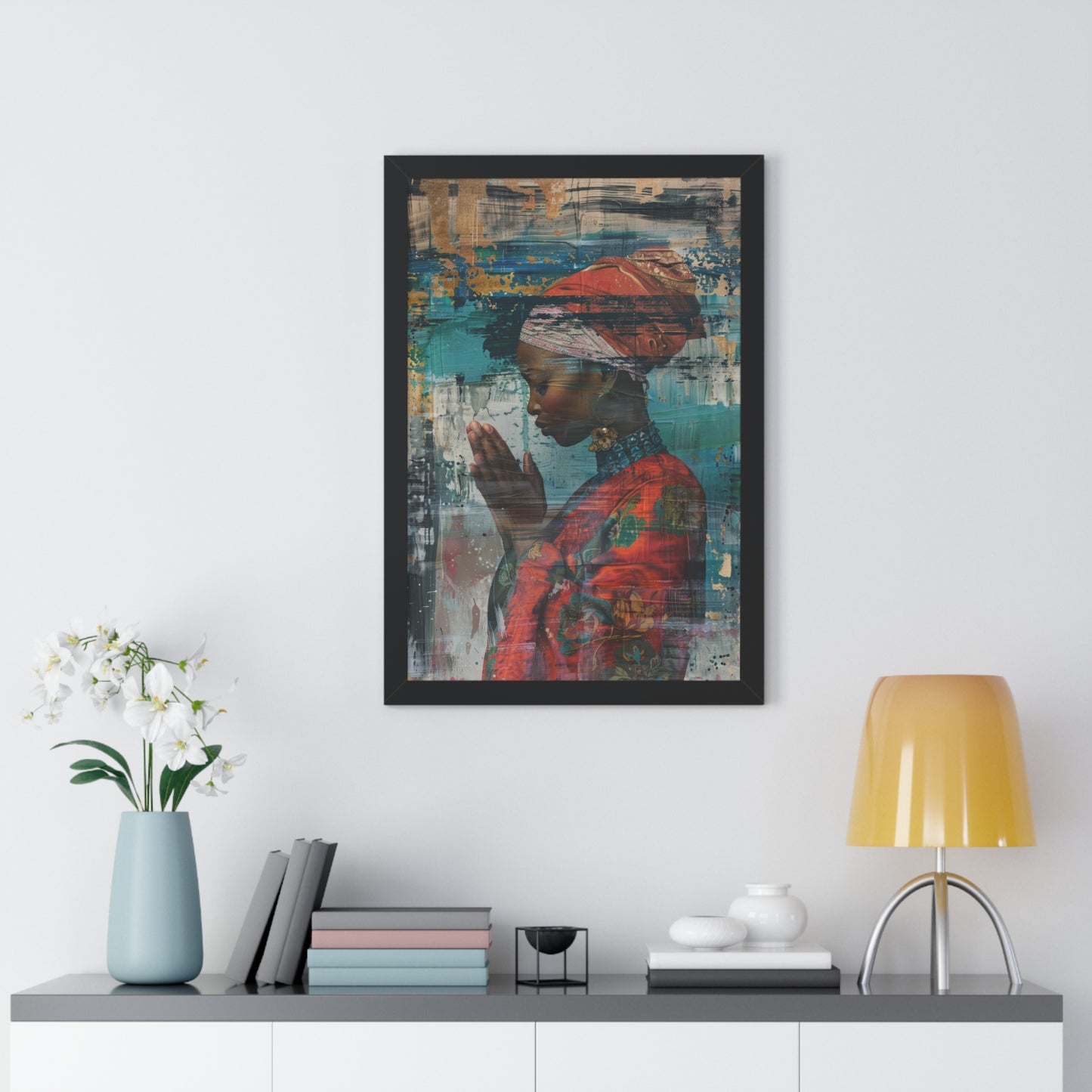 Framed Print — Woman in Red Dress Praying No. 1