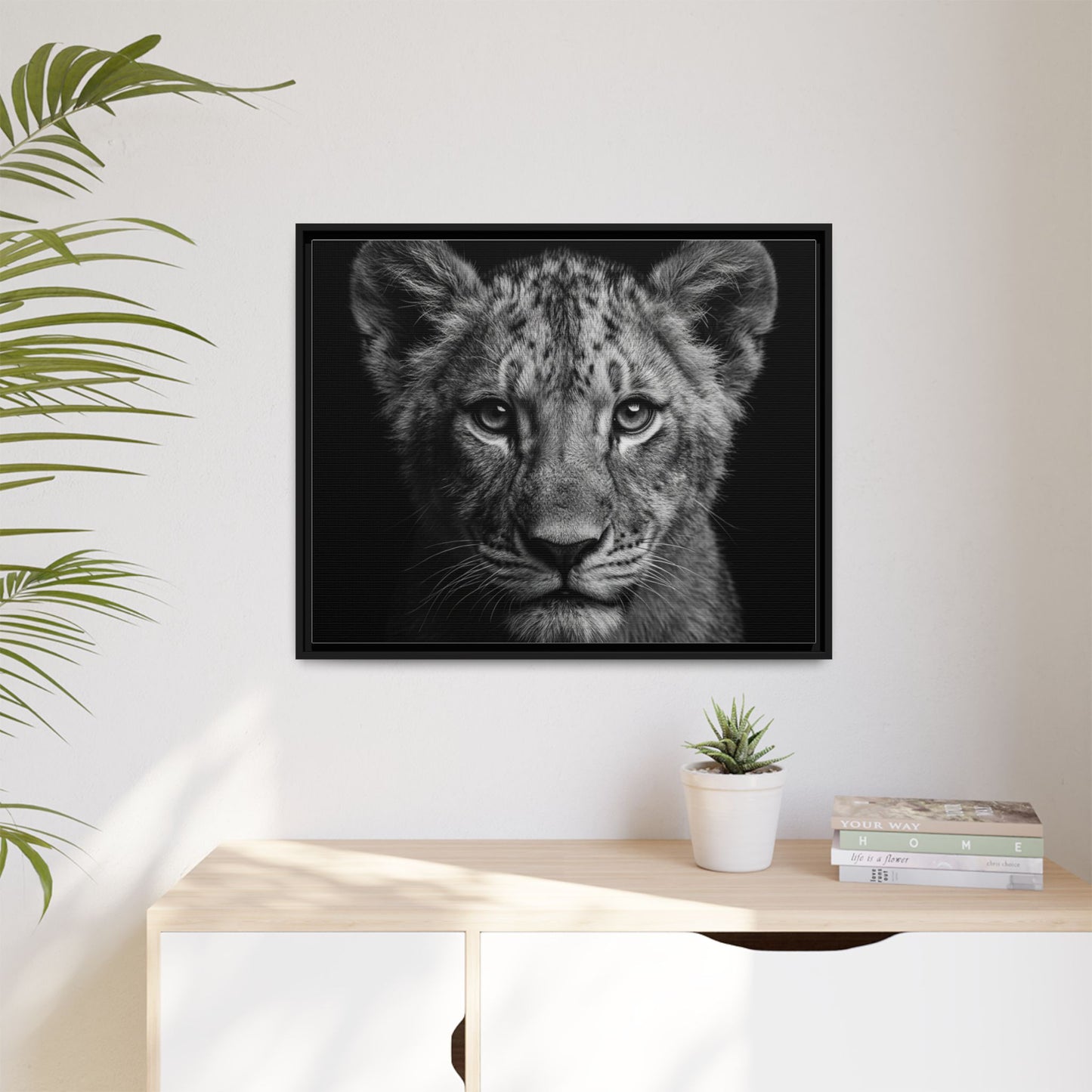 Framed Canvas Print — Lion Cub In Black