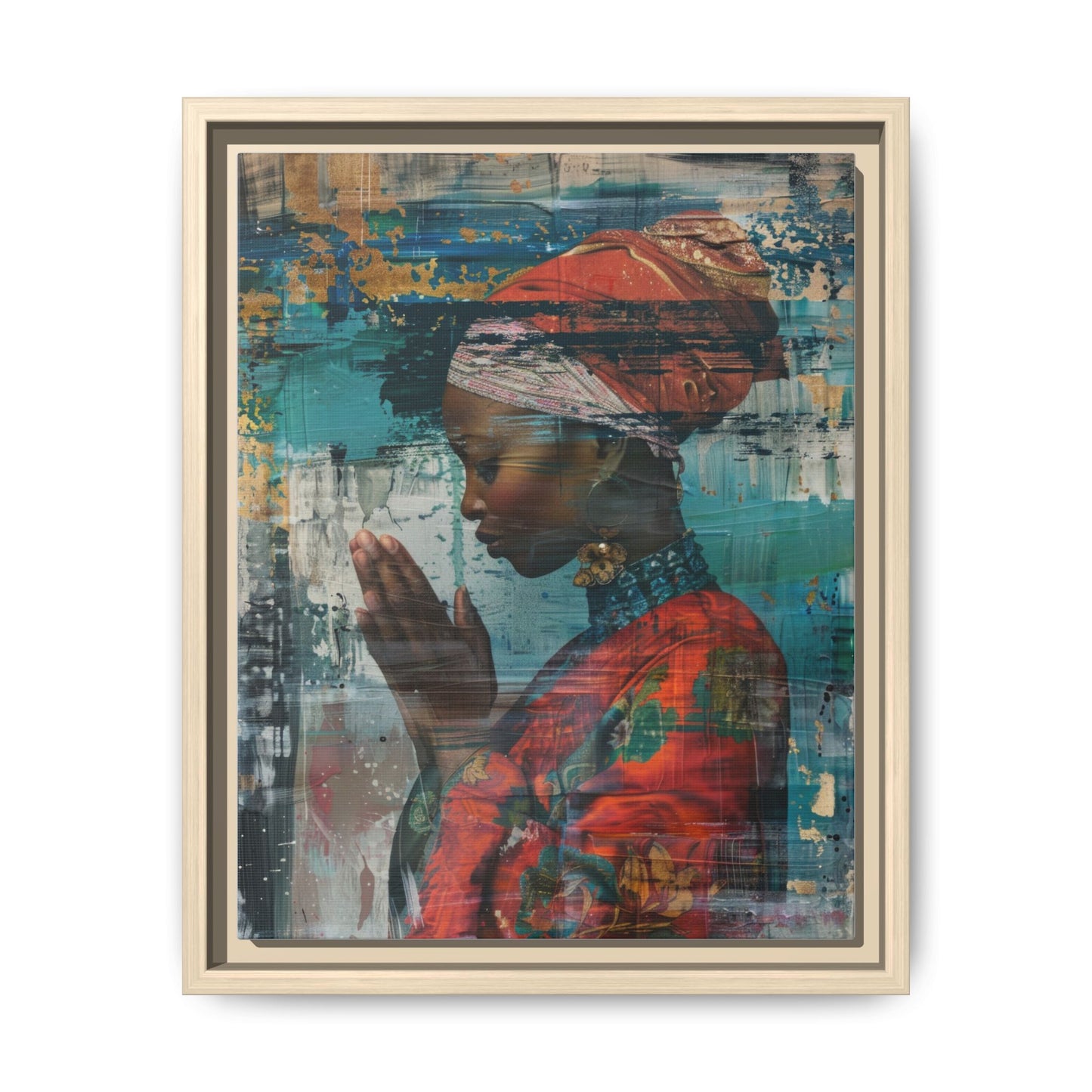 Framed Canvas Print — Woman In Red Dress Praying