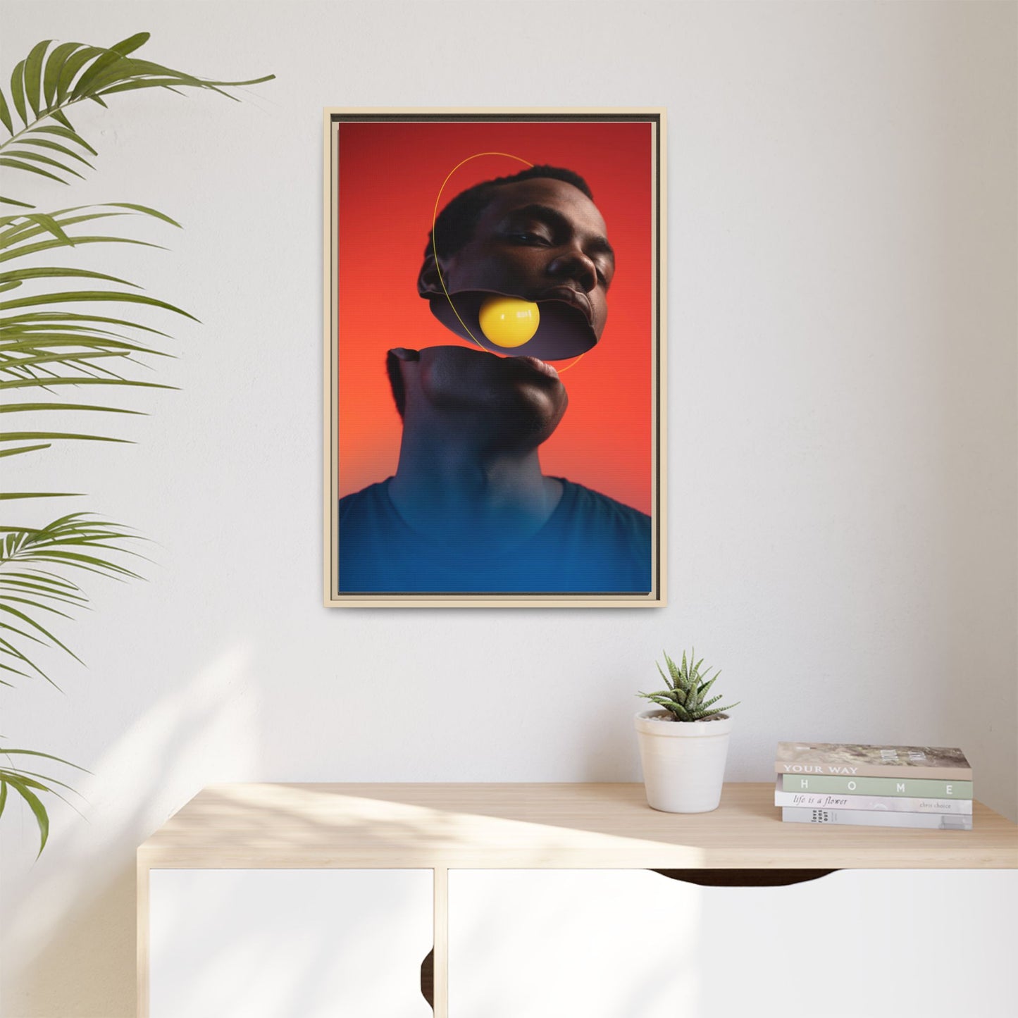 Framed Canvas Print — Floating Face With Yellow Orb