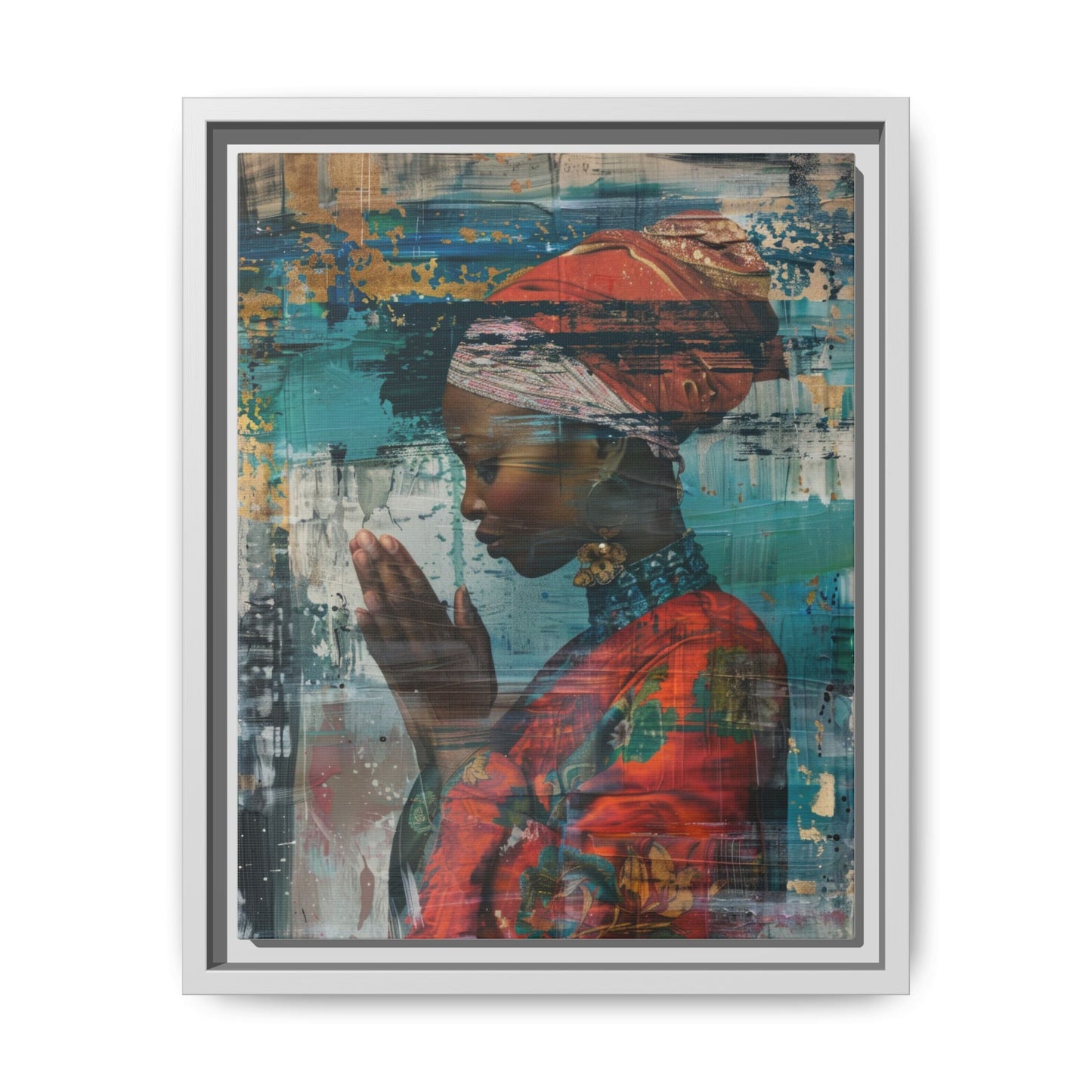 Framed Canvas Print — Woman In Red Dress Praying