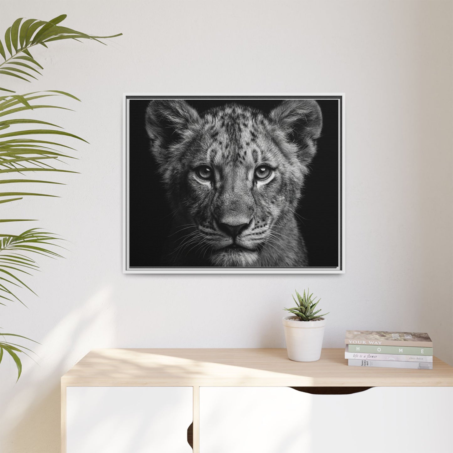 Framed Canvas Print — Lion Cub In Black