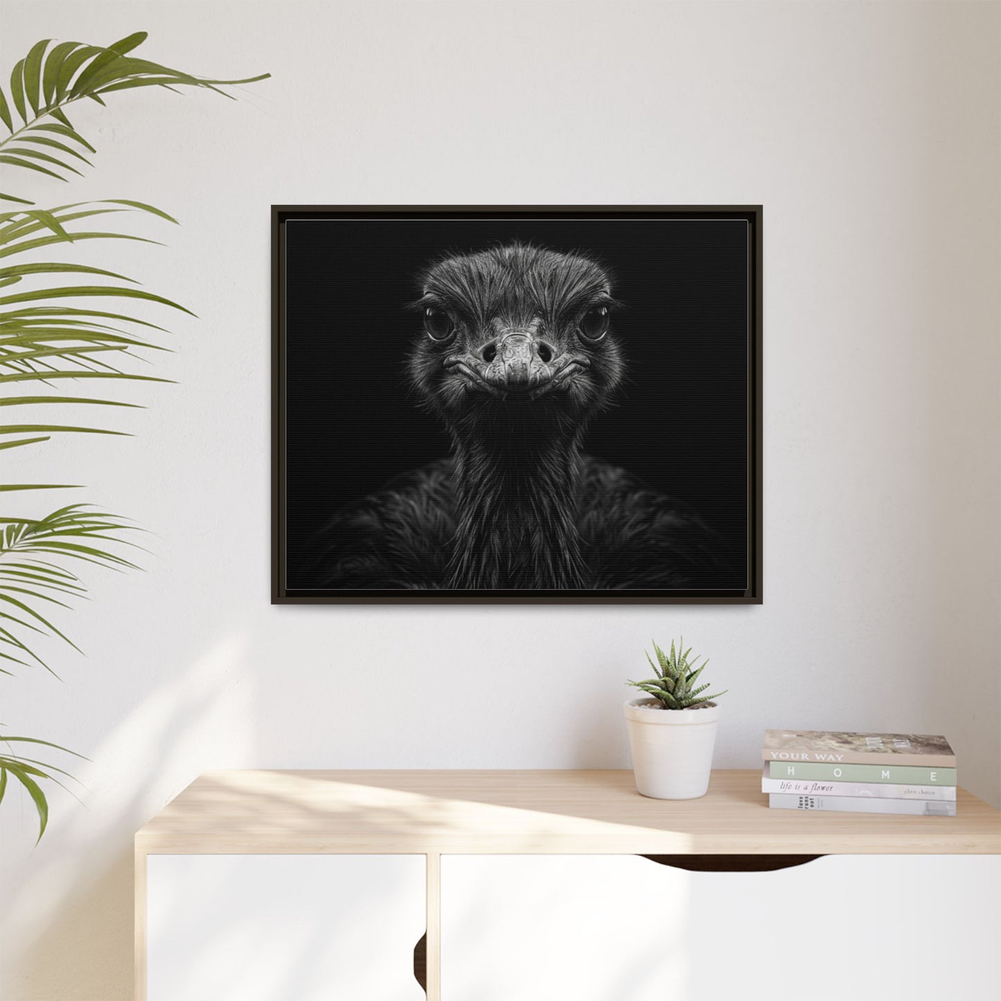 Framed Canvas Print — Ostrich In Black