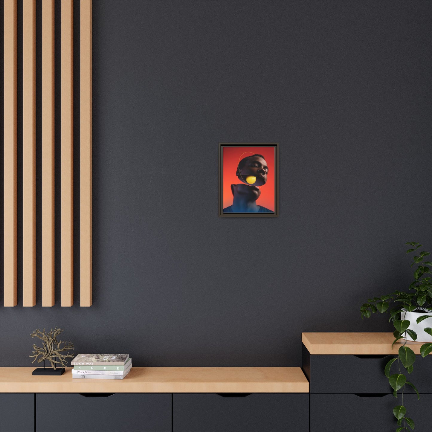Framed Canvas Print — Floating Face With Yellow Orb