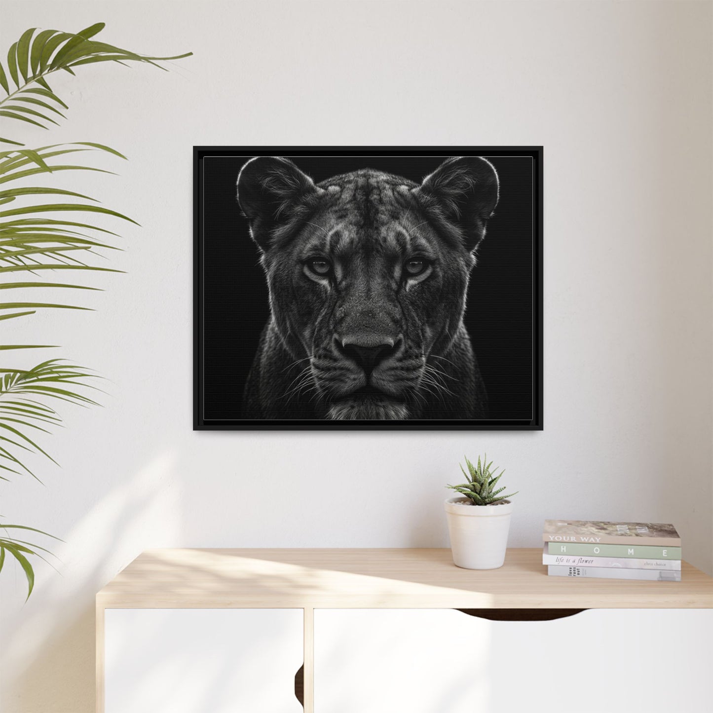 Framed Canvas Print — Lioness In Black