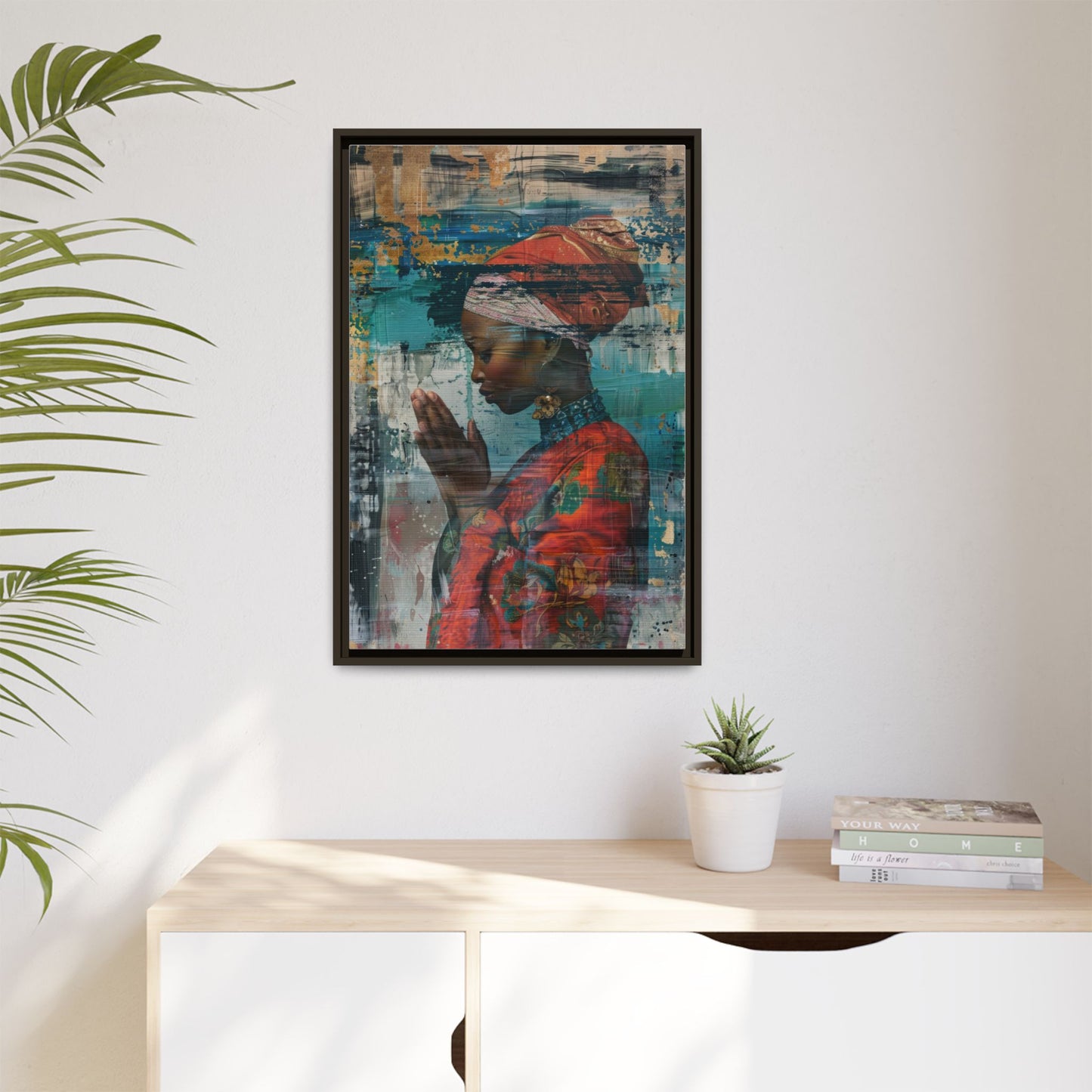 Framed Canvas Print — Woman In Red Dress Praying