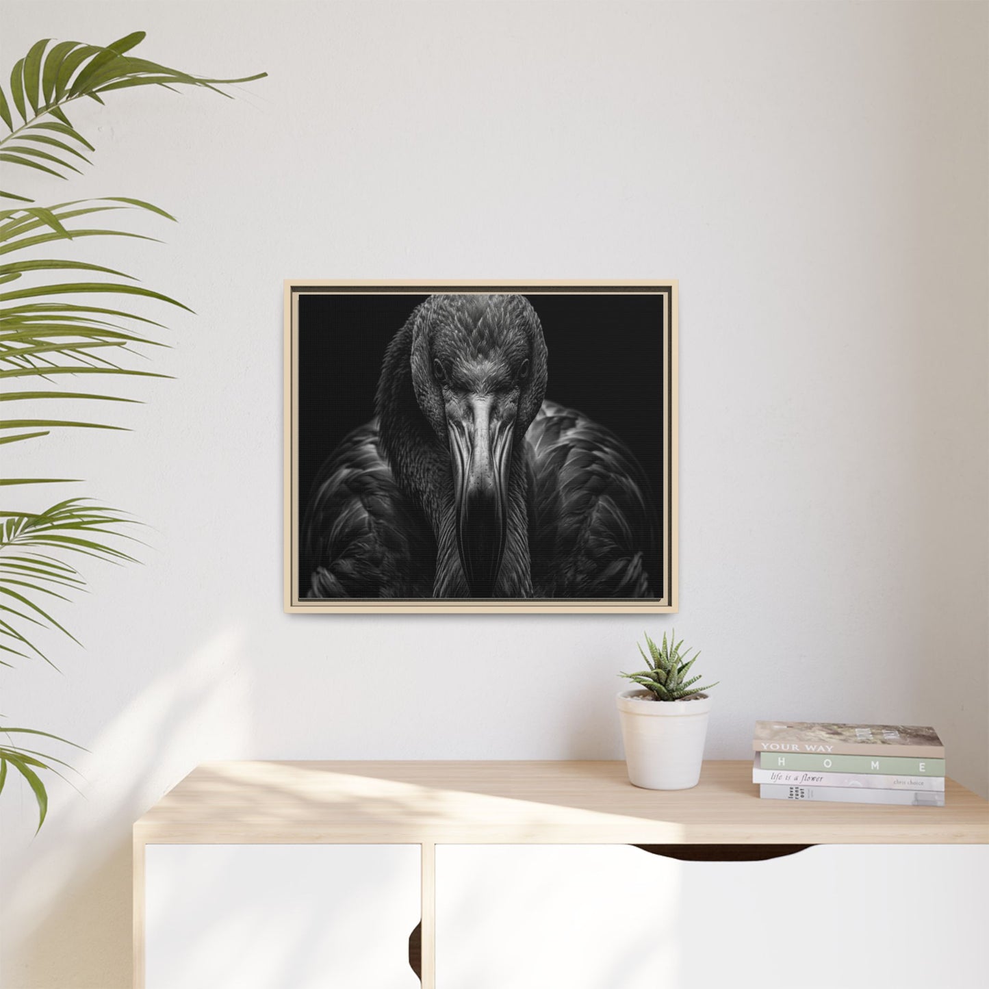 Framed Canvas Print — Flamingo In Black