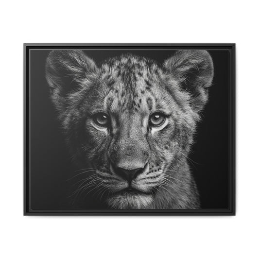 Framed Canvas Print — Lion Cub In Black