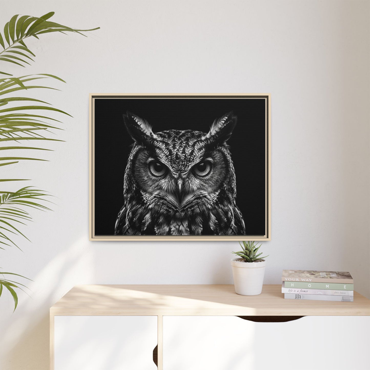 Framed Canvas Print — Scops Owl In Black