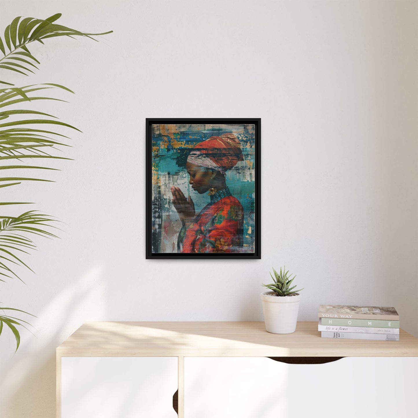 Framed Canvas Print — Woman In Red Dress Praying