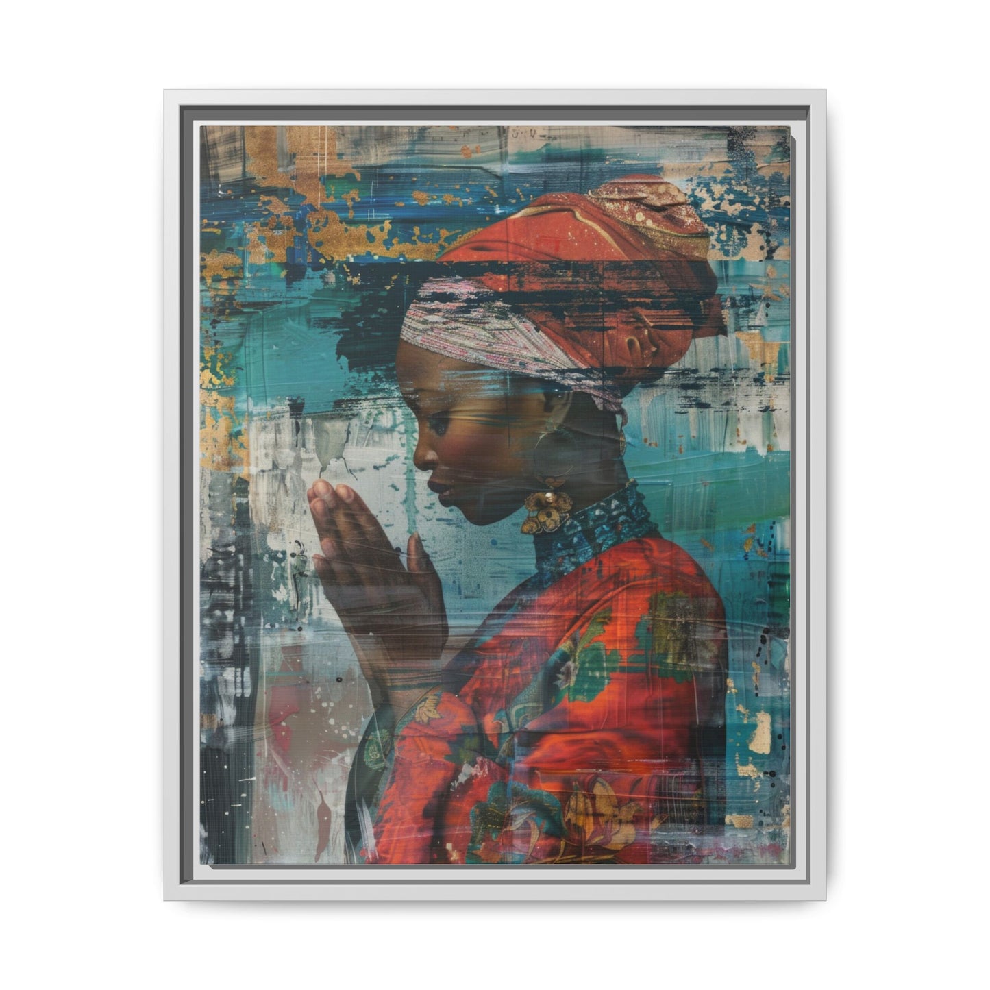 Framed Canvas Print — Woman In Red Dress Praying