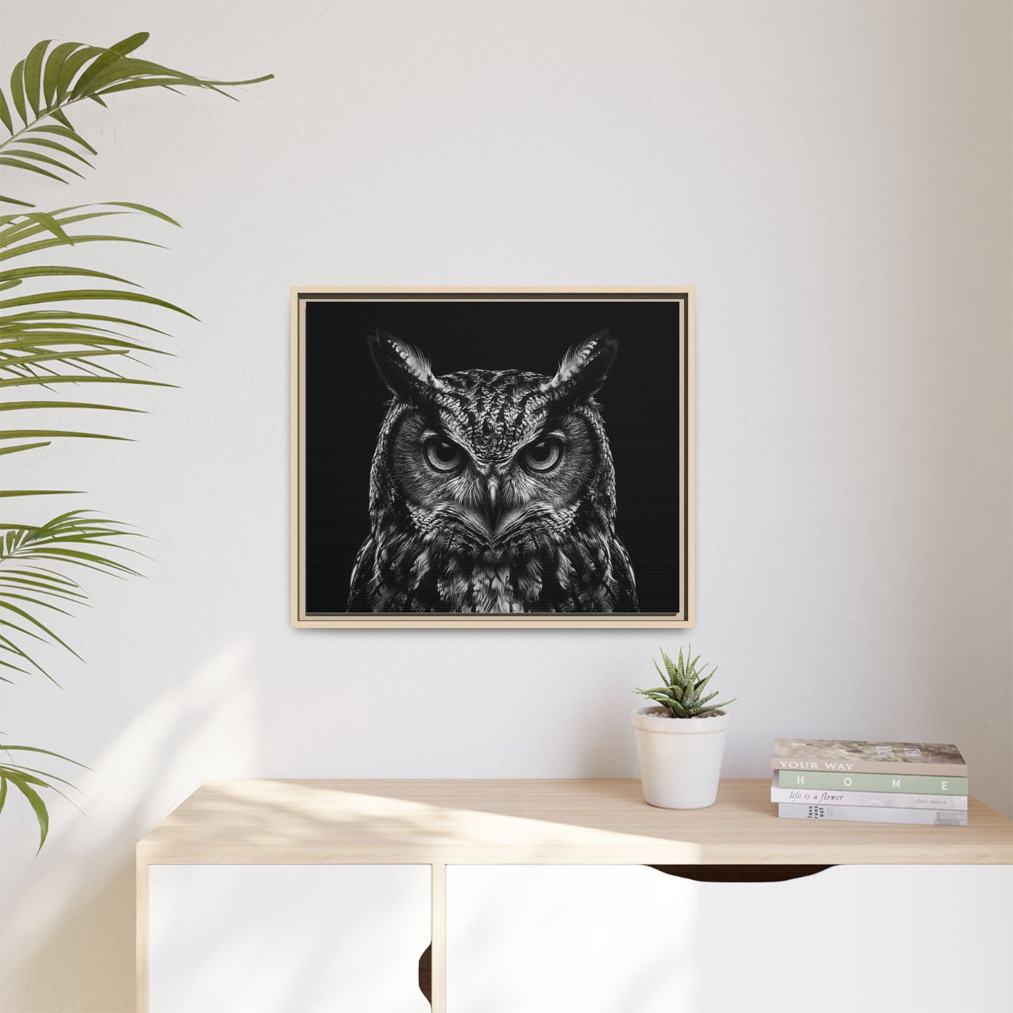 Framed Canvas Print — Scops Owl In Black