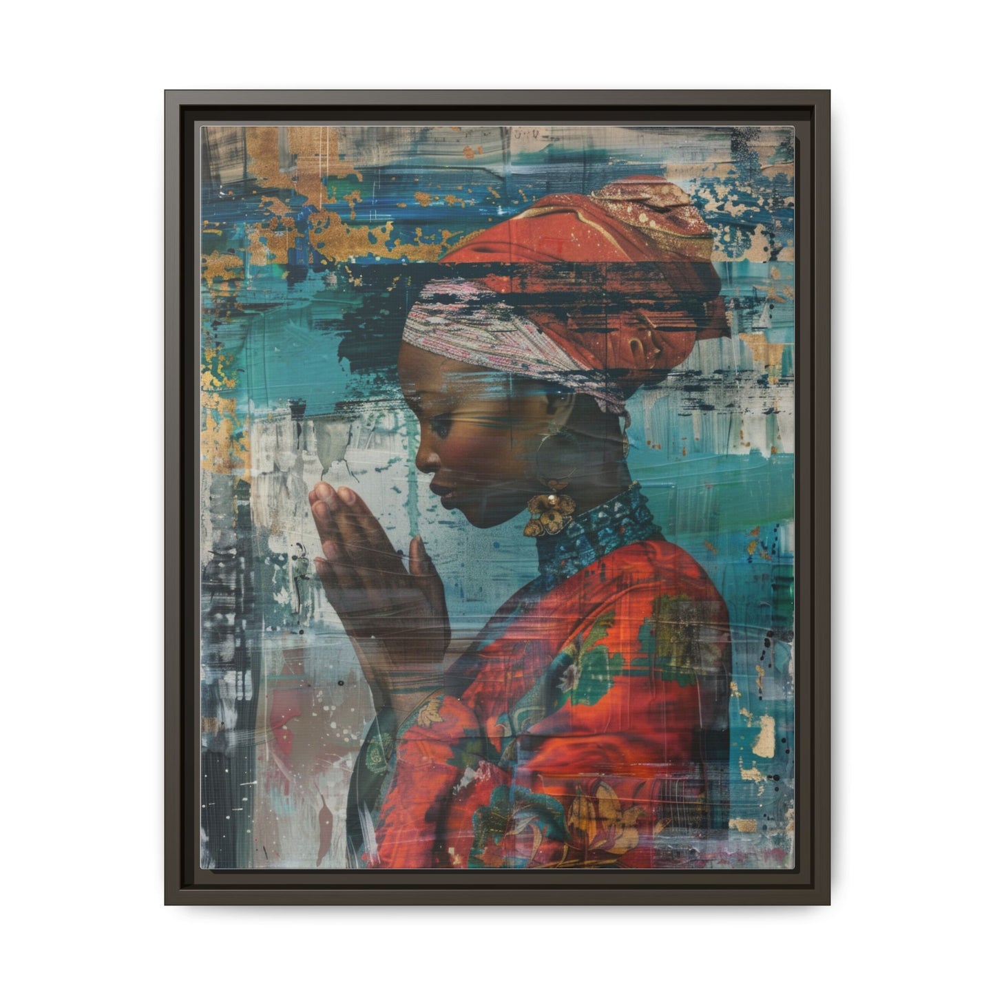 Framed Canvas Print — Woman In Red Dress Praying