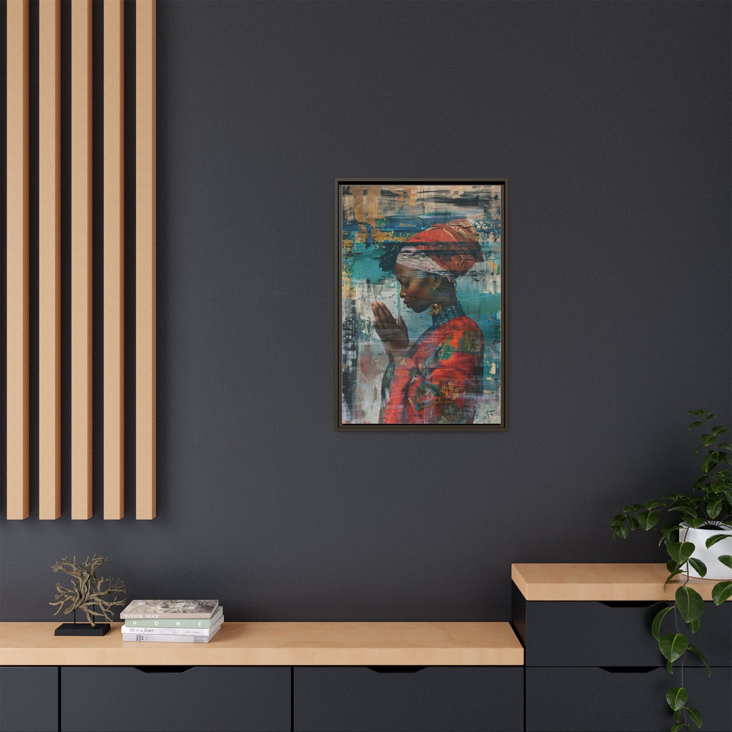 Framed Canvas Print — Woman In Red Dress Praying
