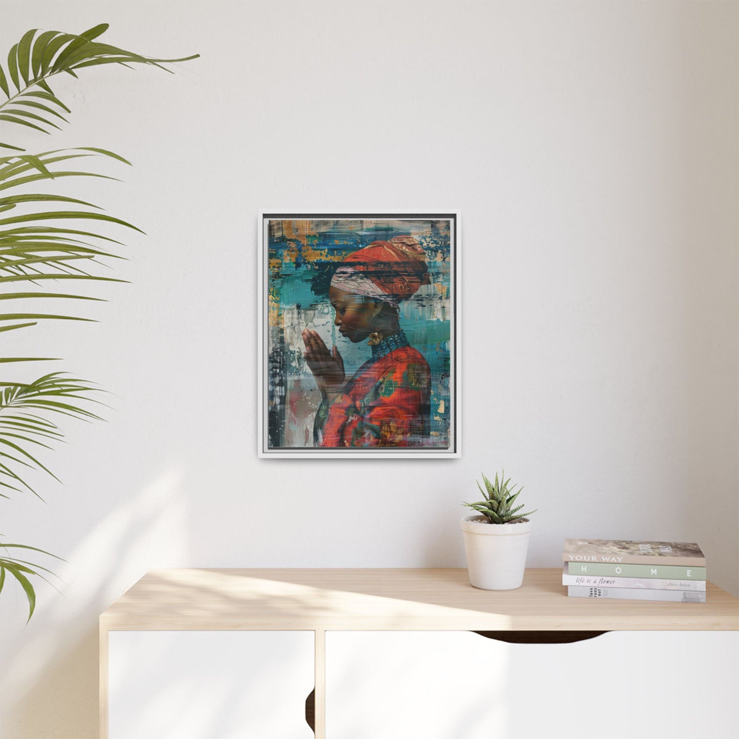 Framed Canvas Print — Woman In Red Dress Praying