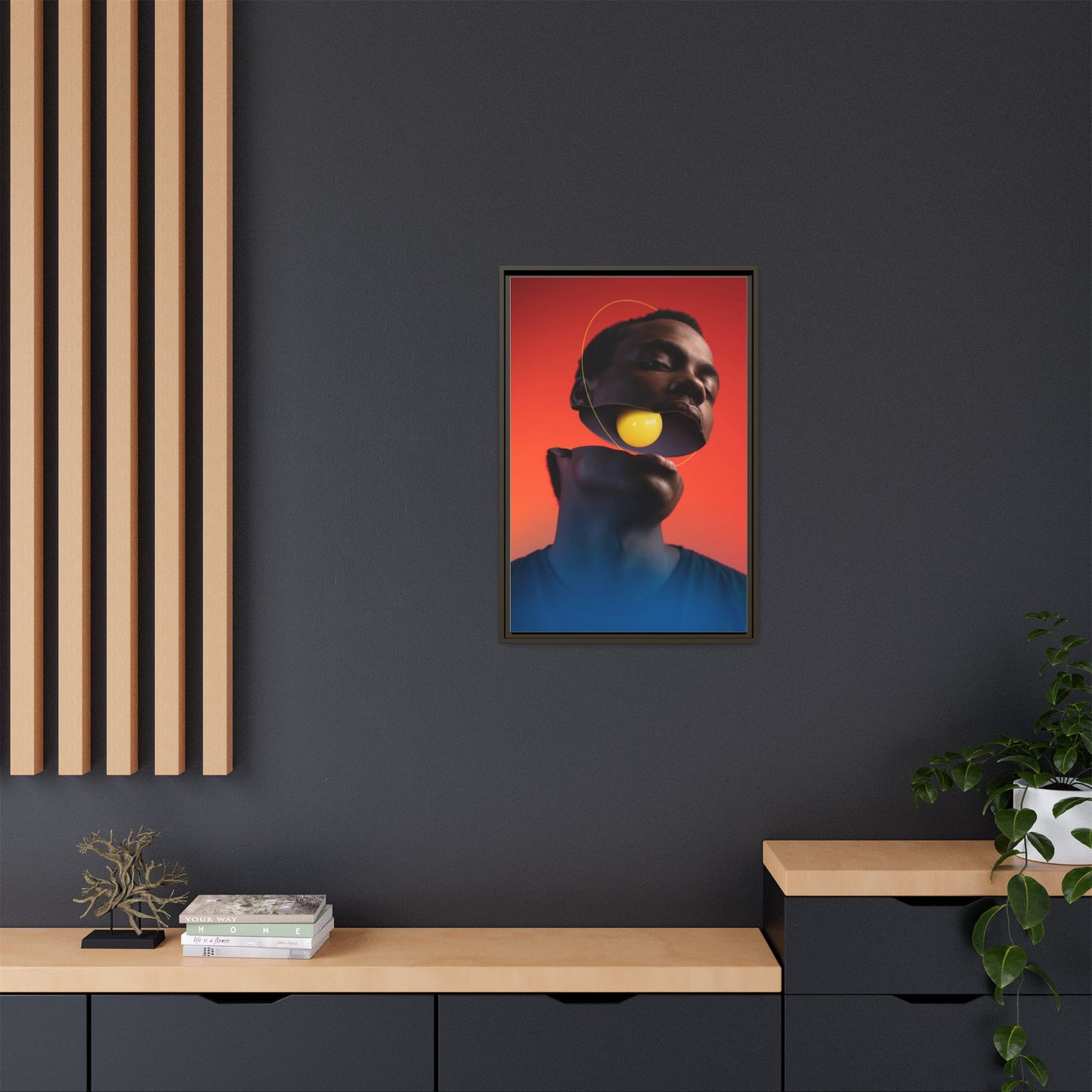 Framed Canvas Print — Floating Face With Yellow Orb