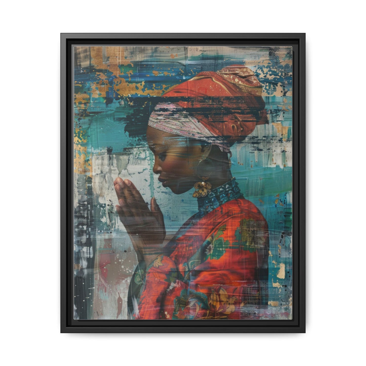 Framed Canvas Print — Woman In Red Dress Praying