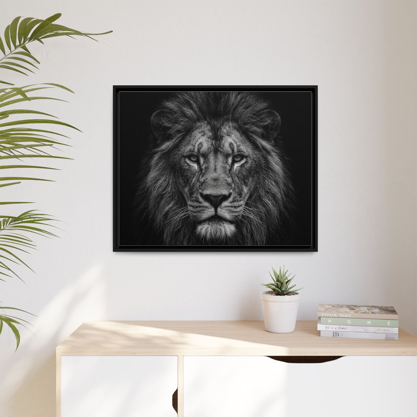 Framed Canvas Print — Lion In Black