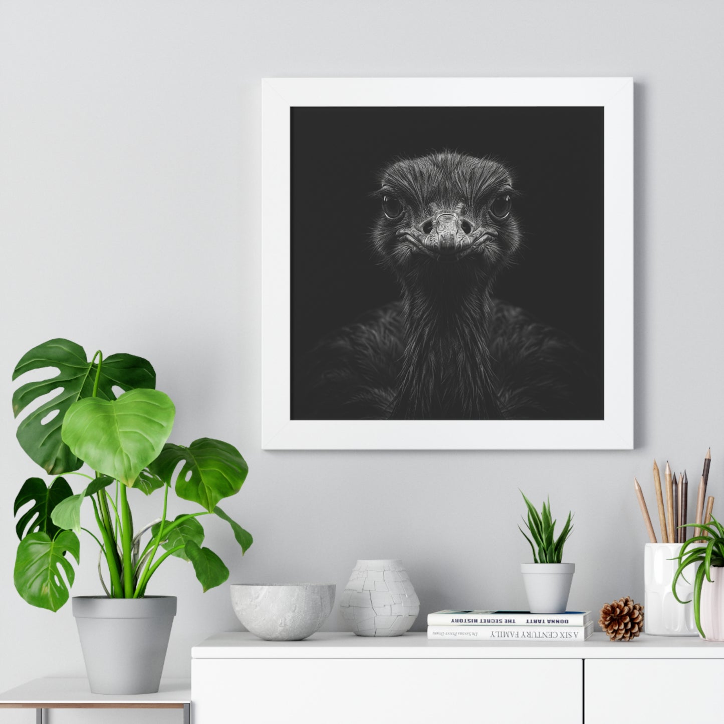 Framed Art Print – Ostrich In Black