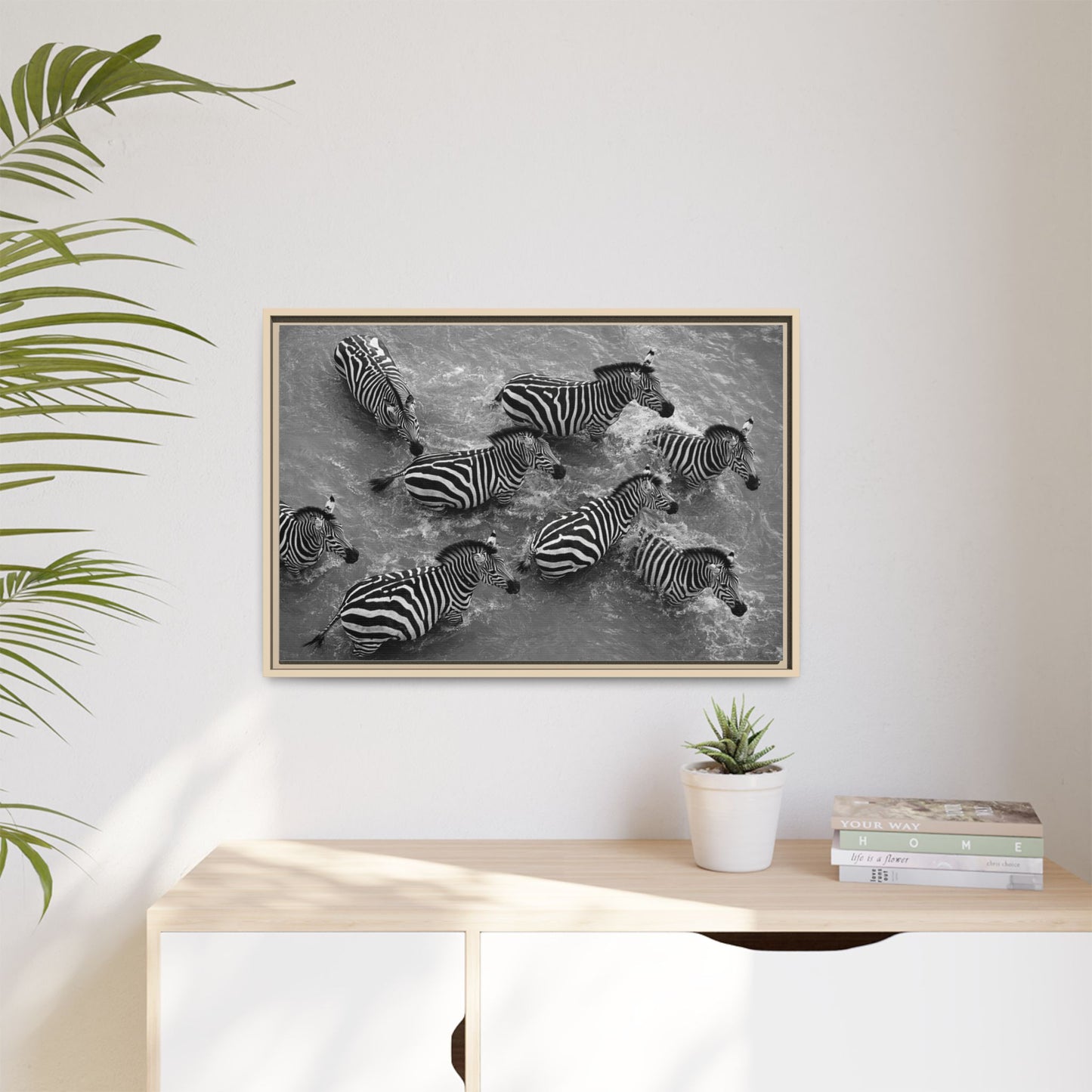 Framed Canvas Print — Zebras In The River