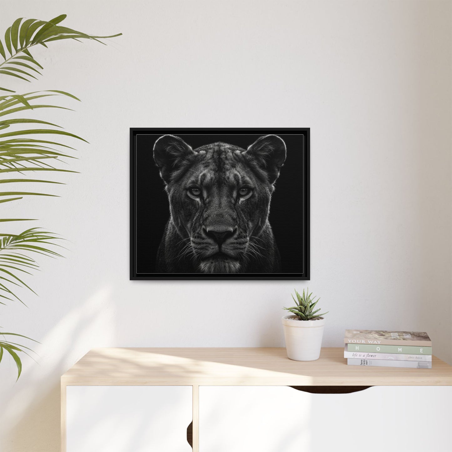 Framed Canvas Print — Lioness In Black
