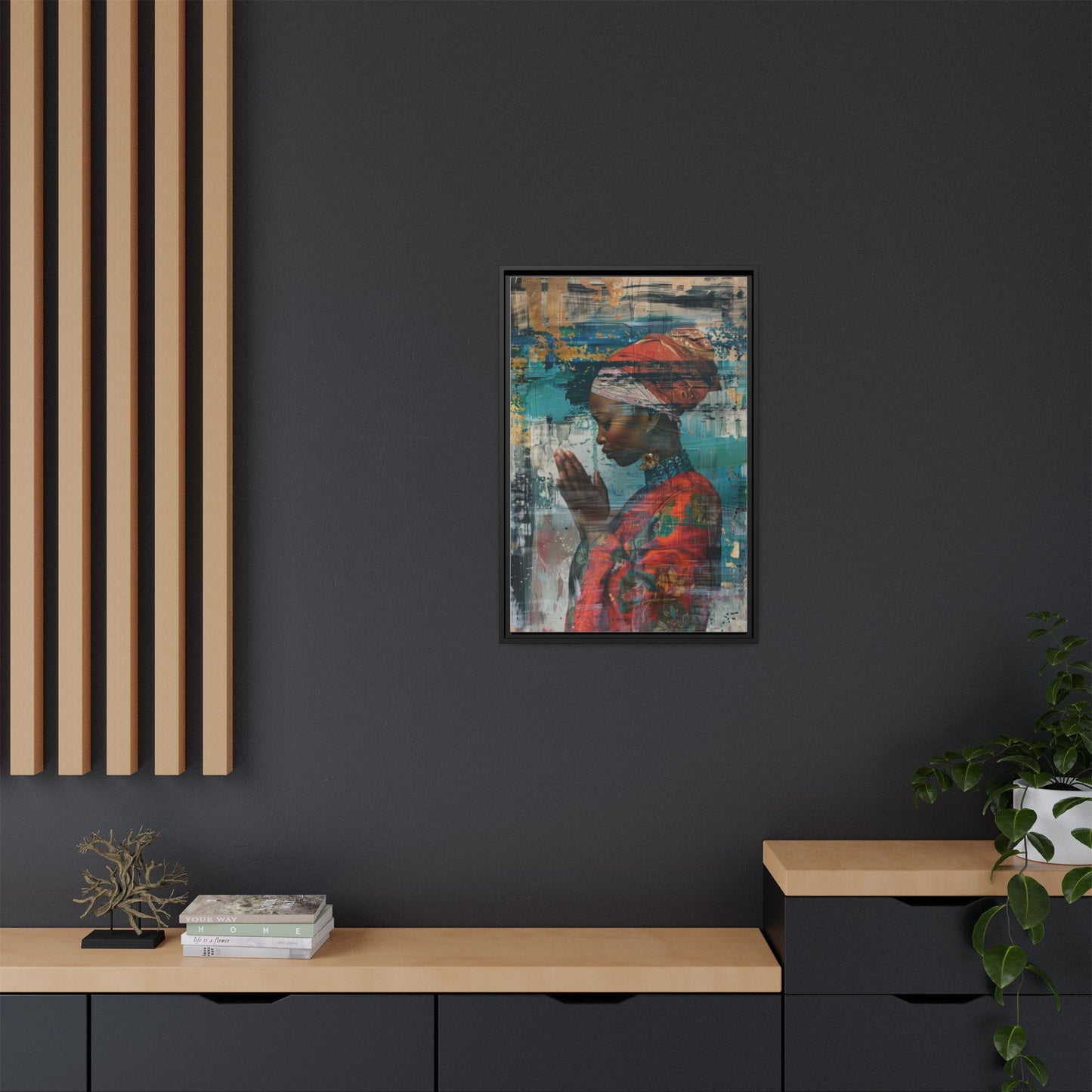 Framed Canvas Print — Woman In Red Dress Praying