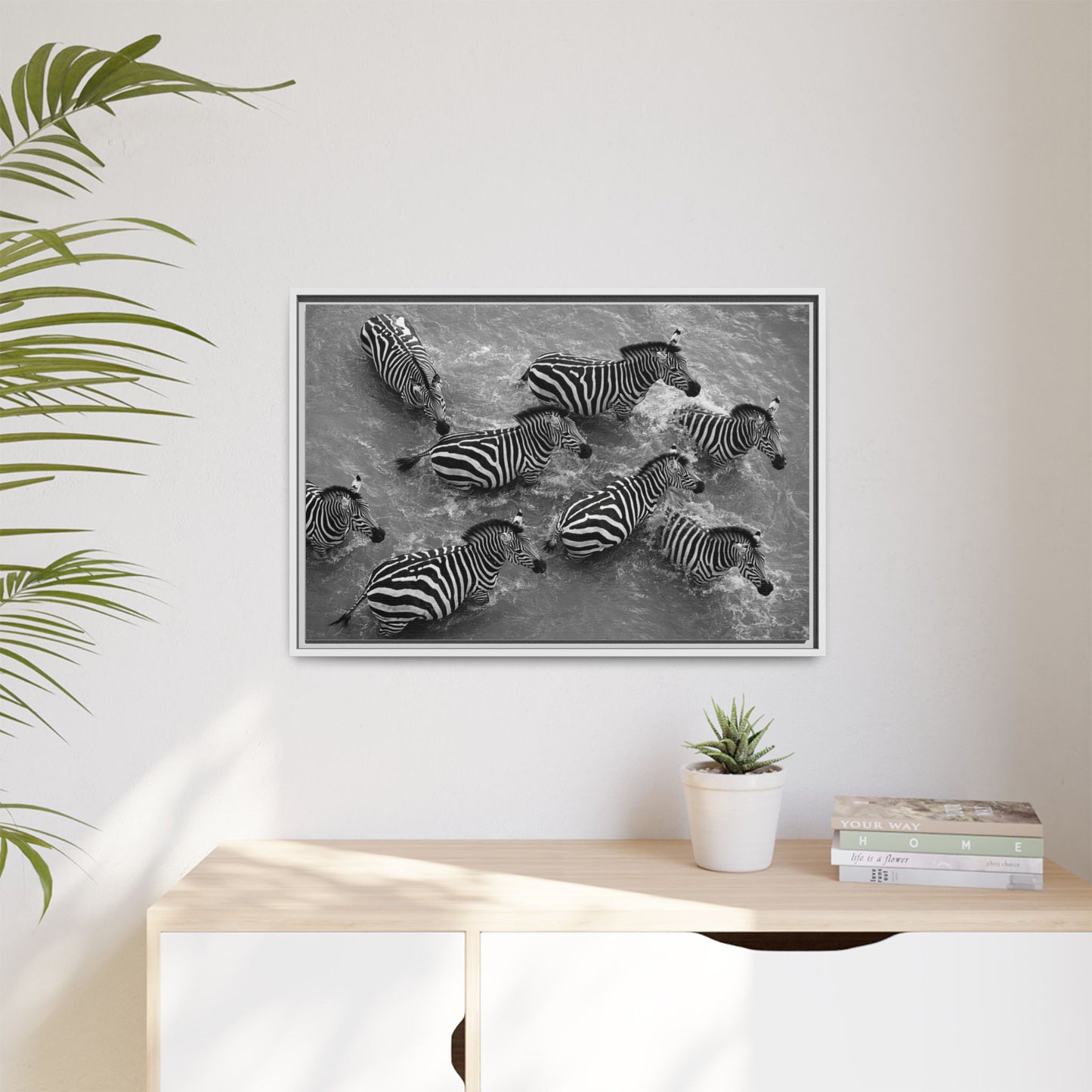Framed Canvas Print — Zebras In The River