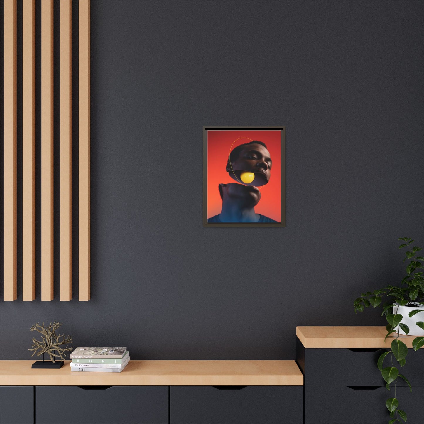 Framed Canvas Print — Floating Face With Yellow Orb