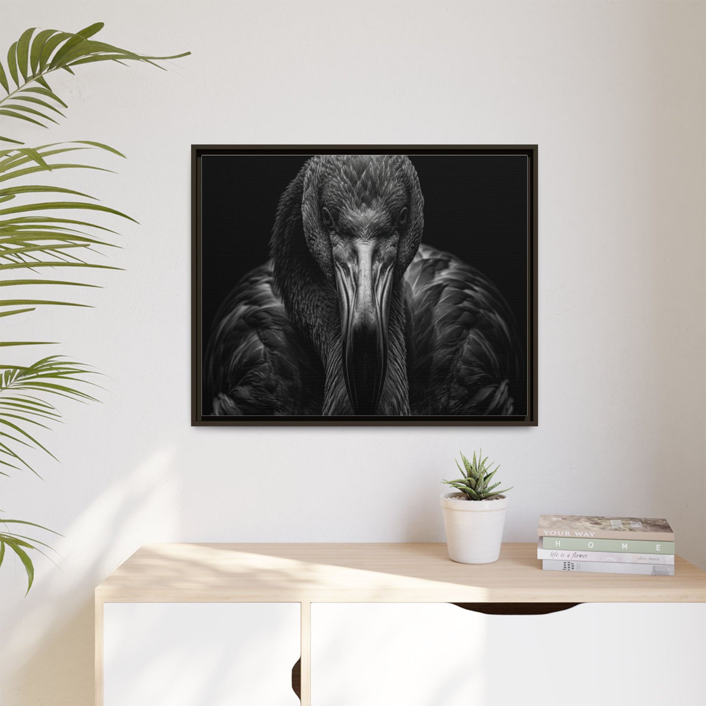 Framed Canvas Print — Flamingo In Black