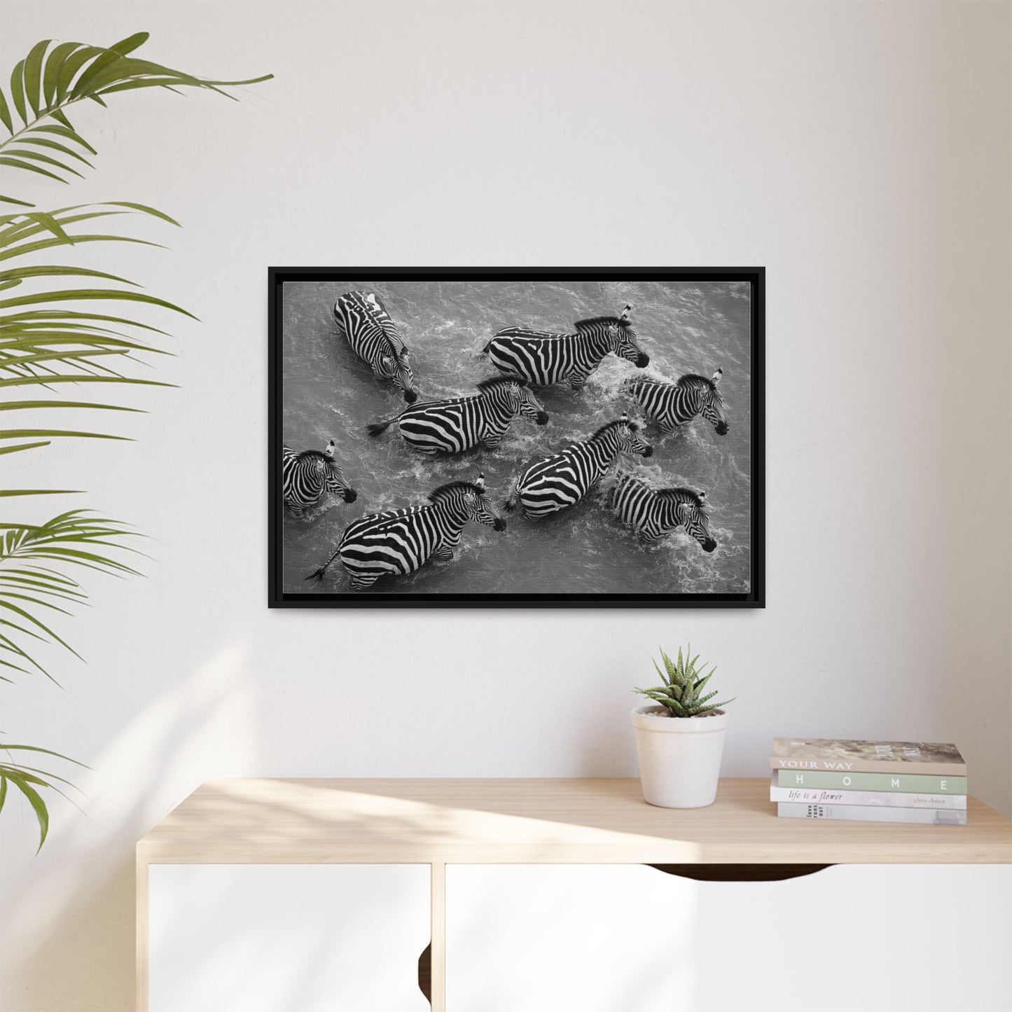 Framed Canvas Print — Zebras In The River