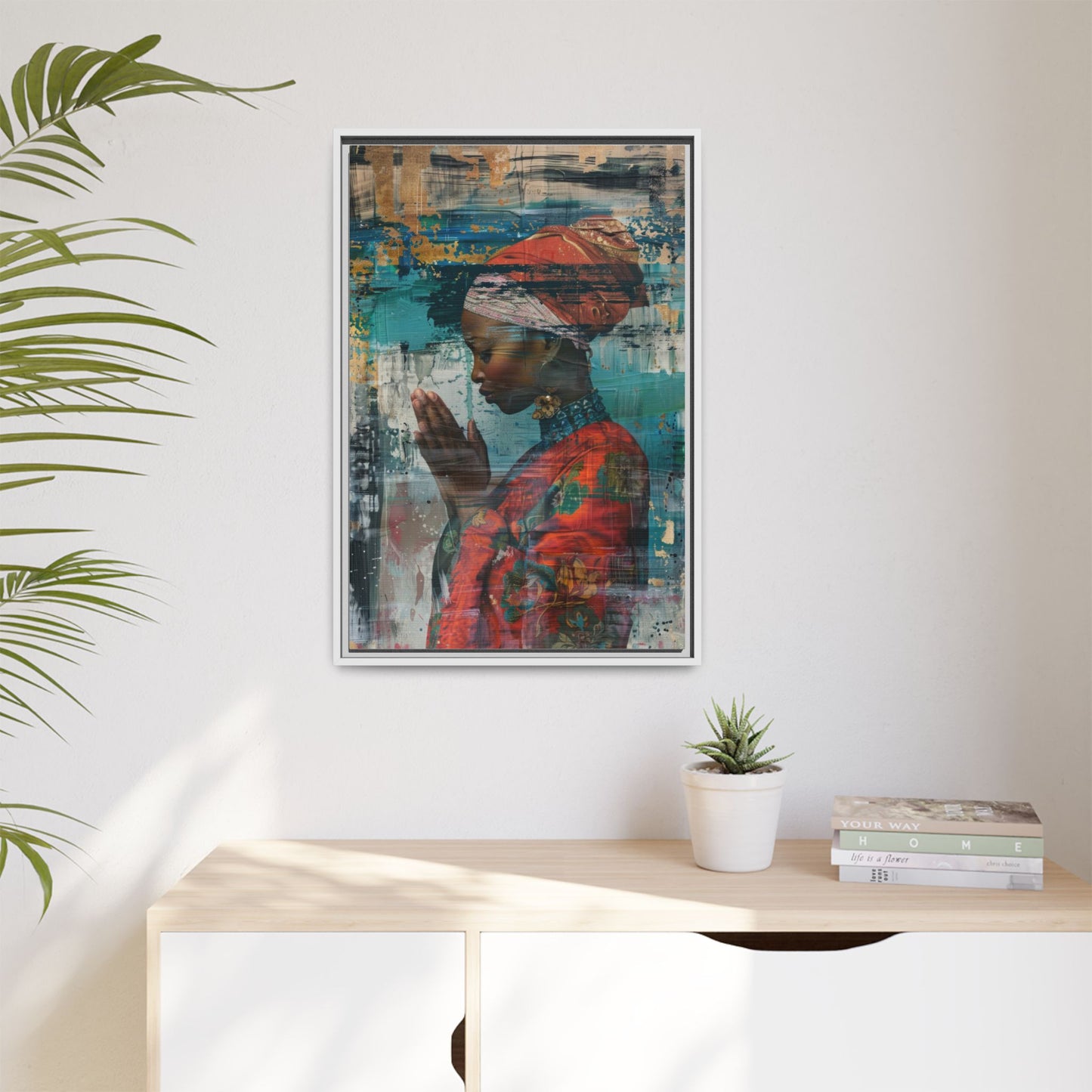Framed Canvas Print — Woman In Red Dress Praying