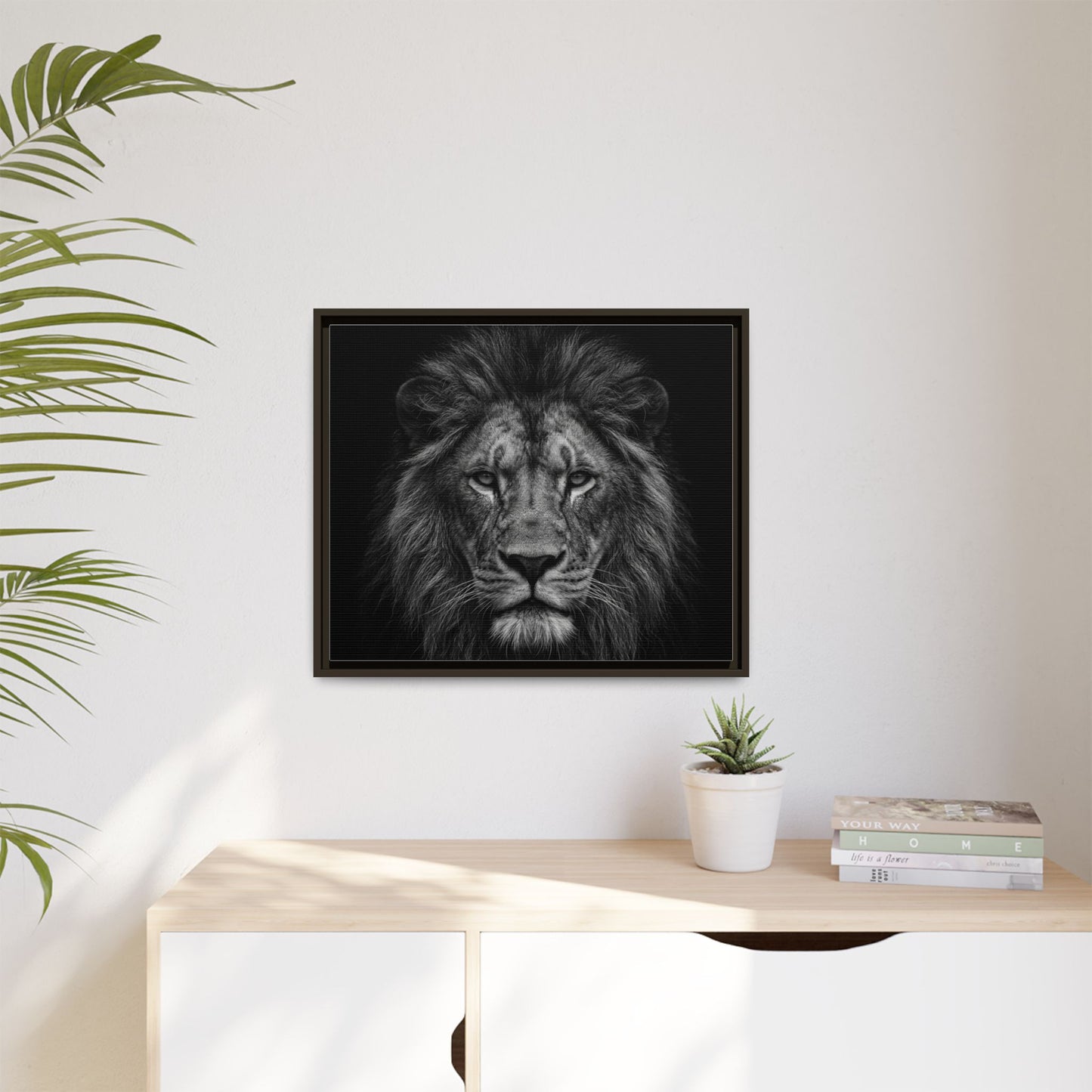 Framed Canvas Print — Lion In Black