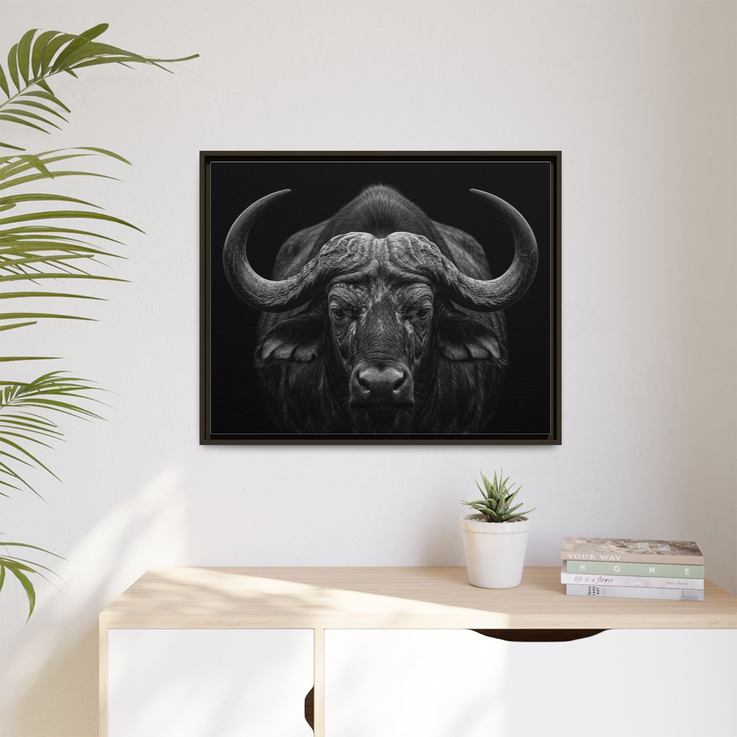 Framed Canvas Print — Cape Buffalo In Black