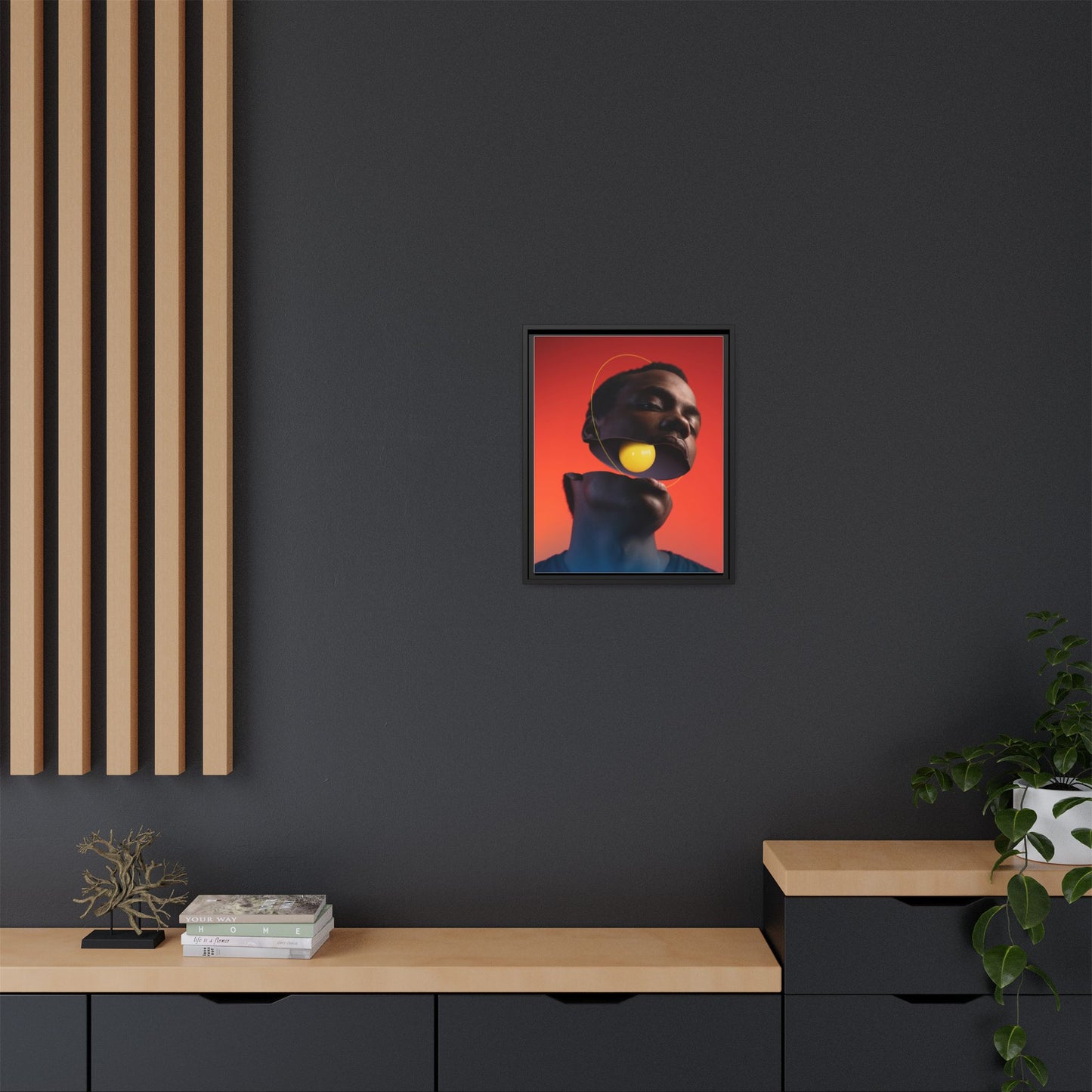 Framed Canvas Print — Floating Face With Yellow Orb